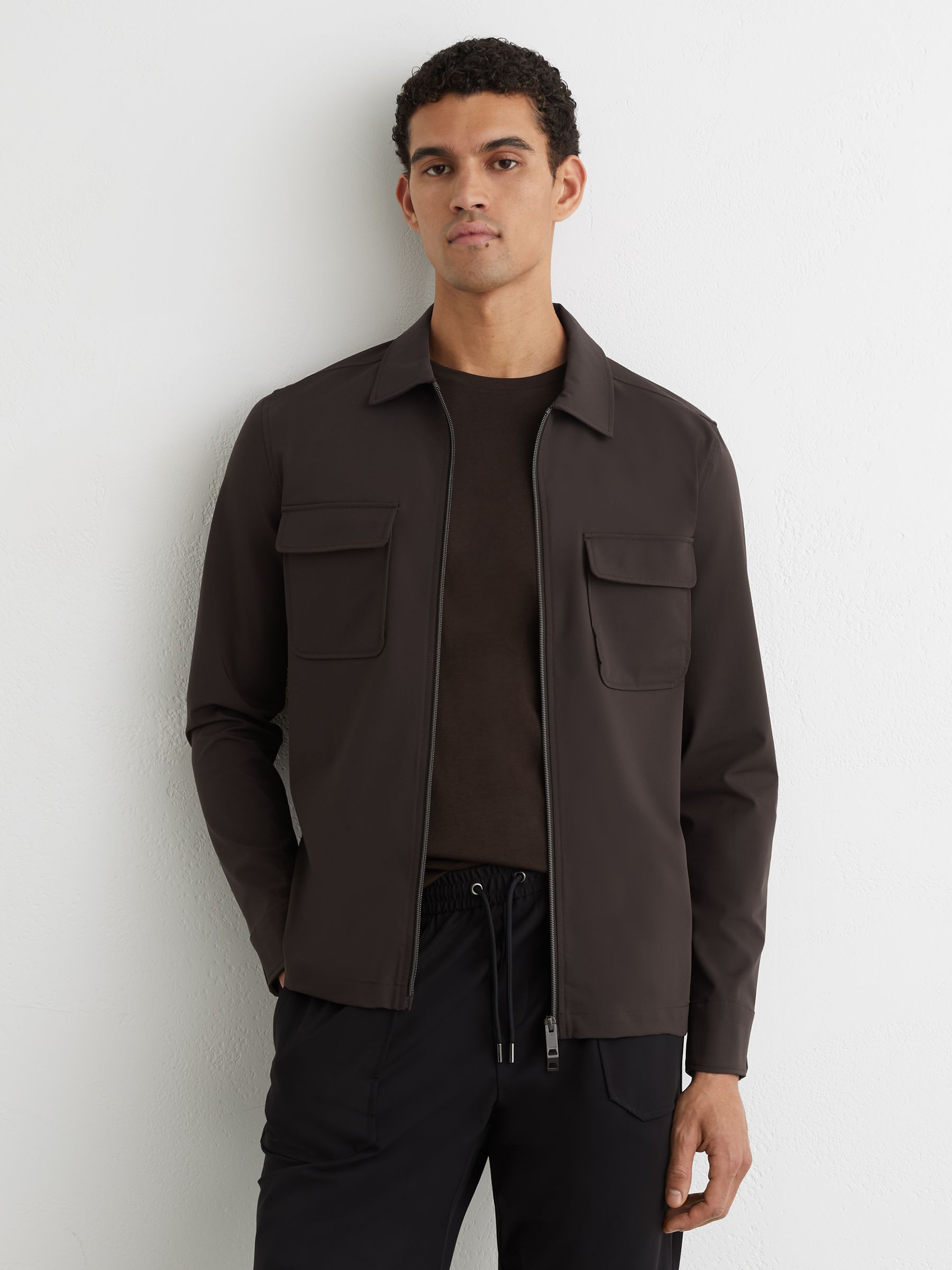 Technical Zip-Through Overshirt in Chocolate Brown - Image 1 of 7 Technical Zip-Through Overshirt in Chocolate Brown - Image 1 of 7