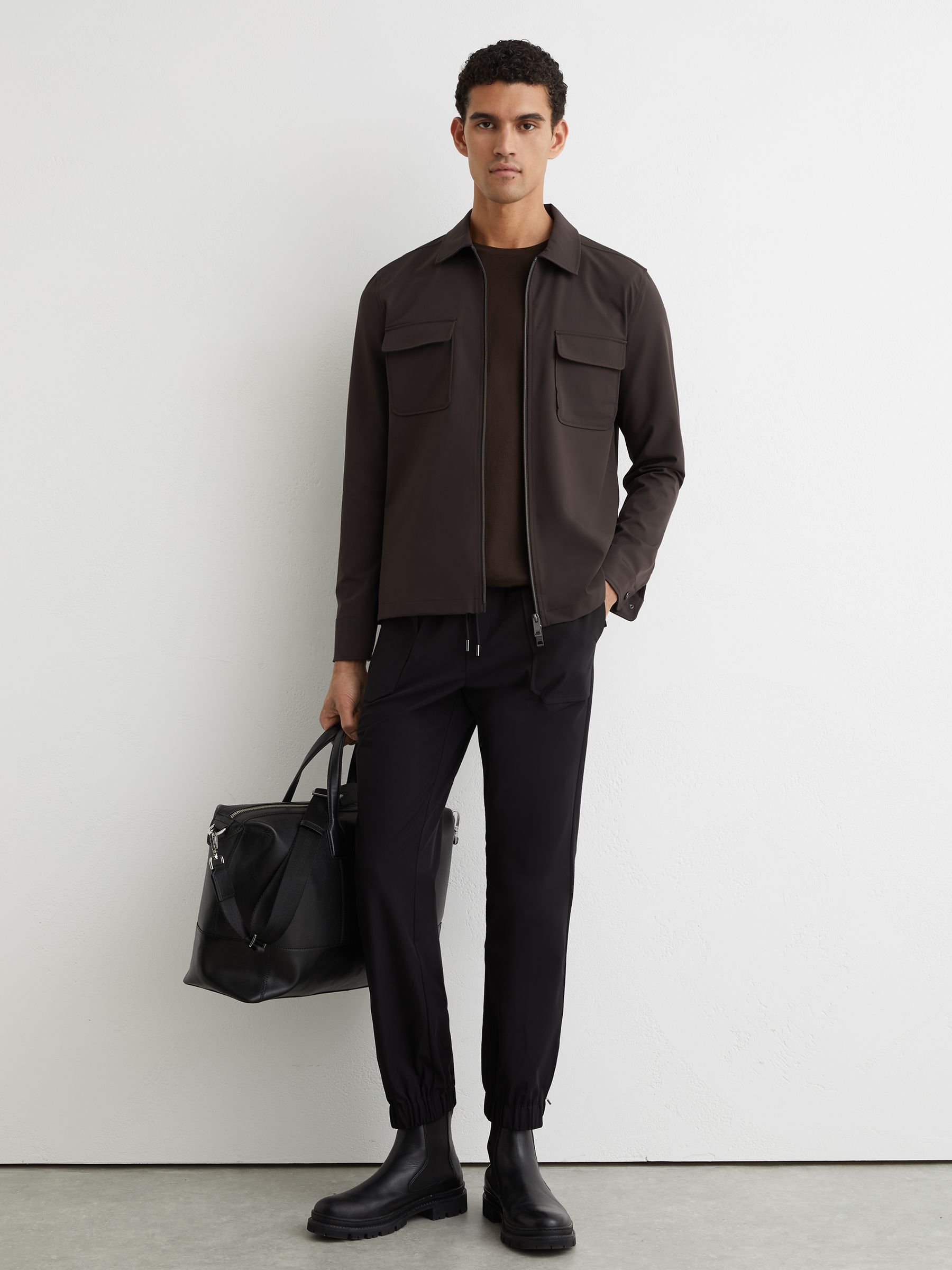 Technical Zip-Through Overshirt in Chocolate Brown - Image 3 of 7