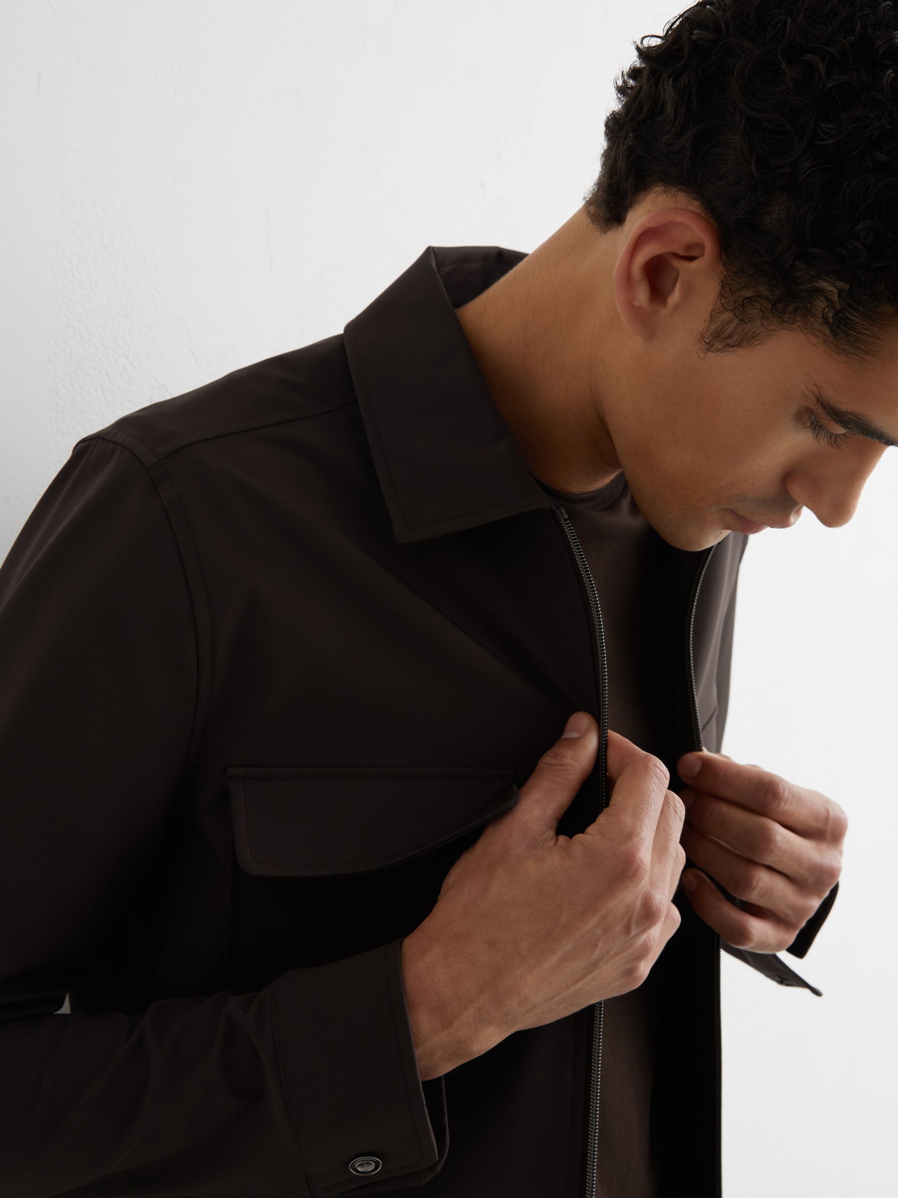 Technical Zip-Through Overshirt in Chocolate Brown - Image 5 of 7