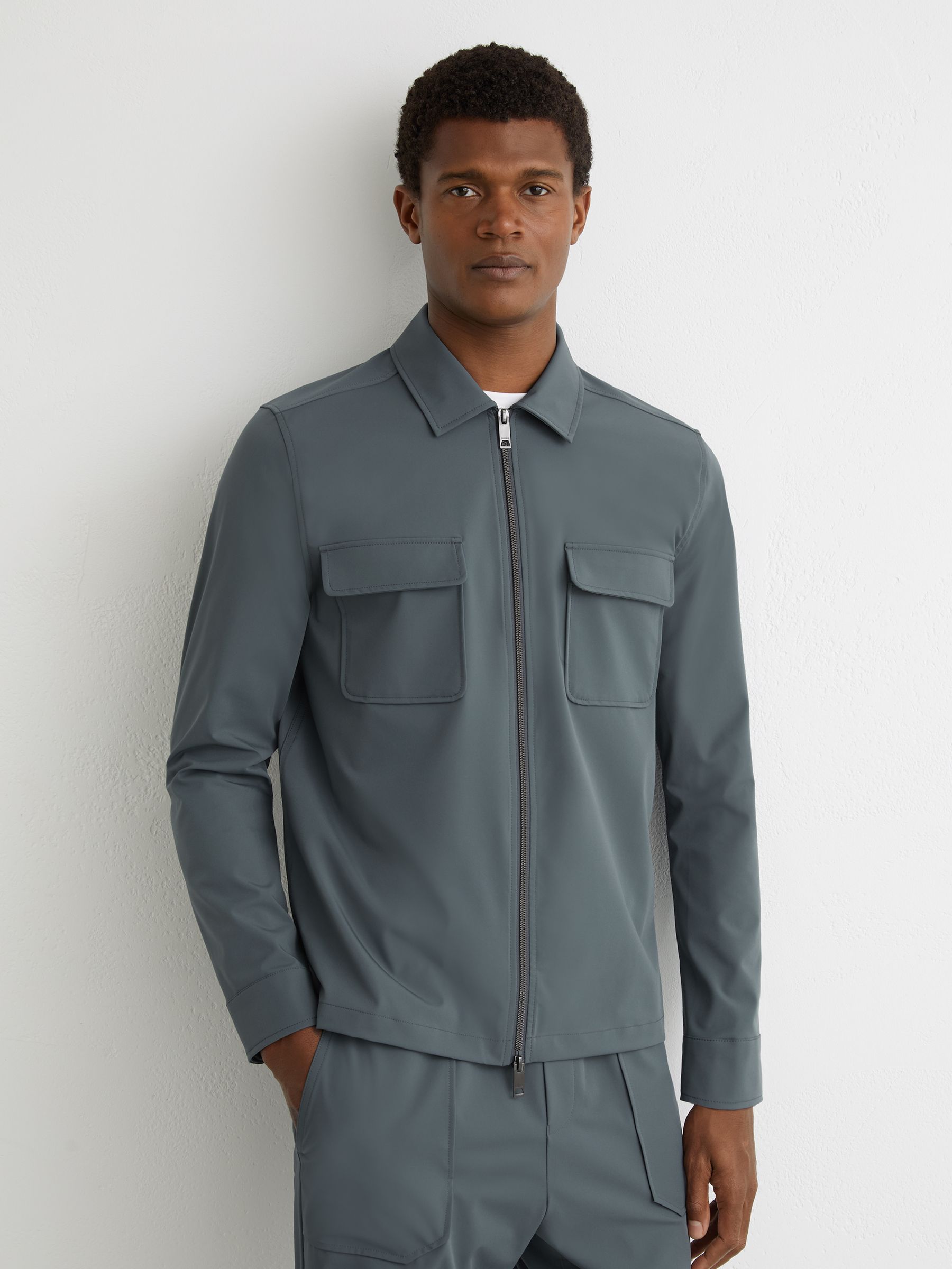 Technical Zip-Through Overshirt in Airforce Blue - Image 1 of 6 Technical Zip-Through Overshirt in Airforce Blue - Image 1 of 6