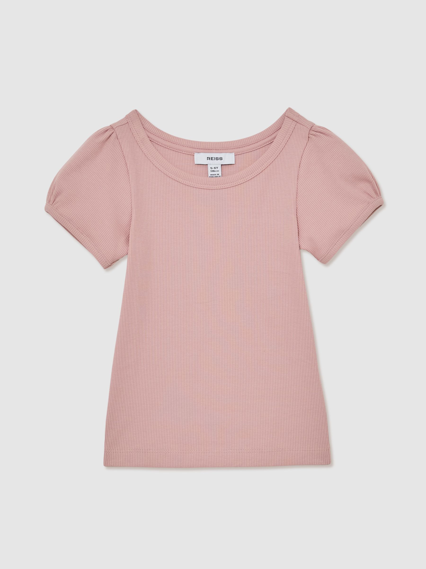 Stretch-Cotton Ribbed Puff-Sleeve Top in Pink - Image 1 of 4