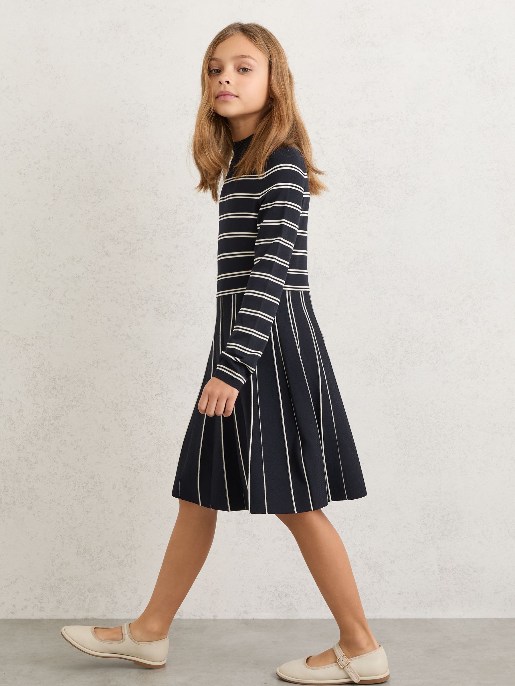 Stripe Knitted Skater Dress in Navy/Ivory - Image 2 of 4