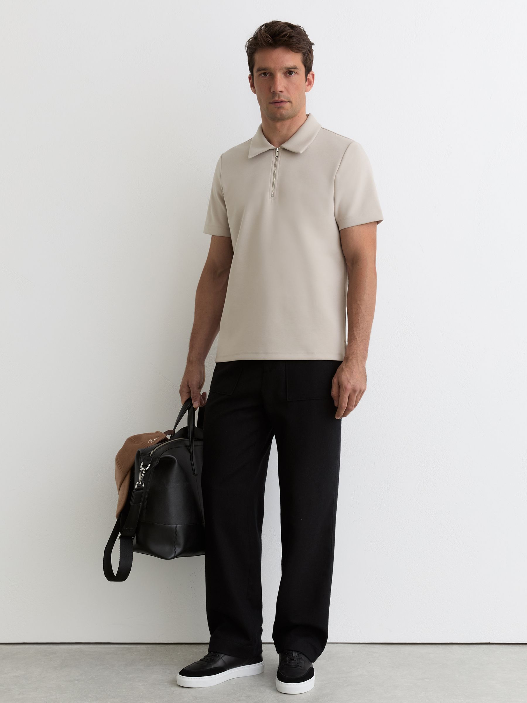Premium Interlock Half-Zip Polo Shirt in Stone - Image 1 of 5
