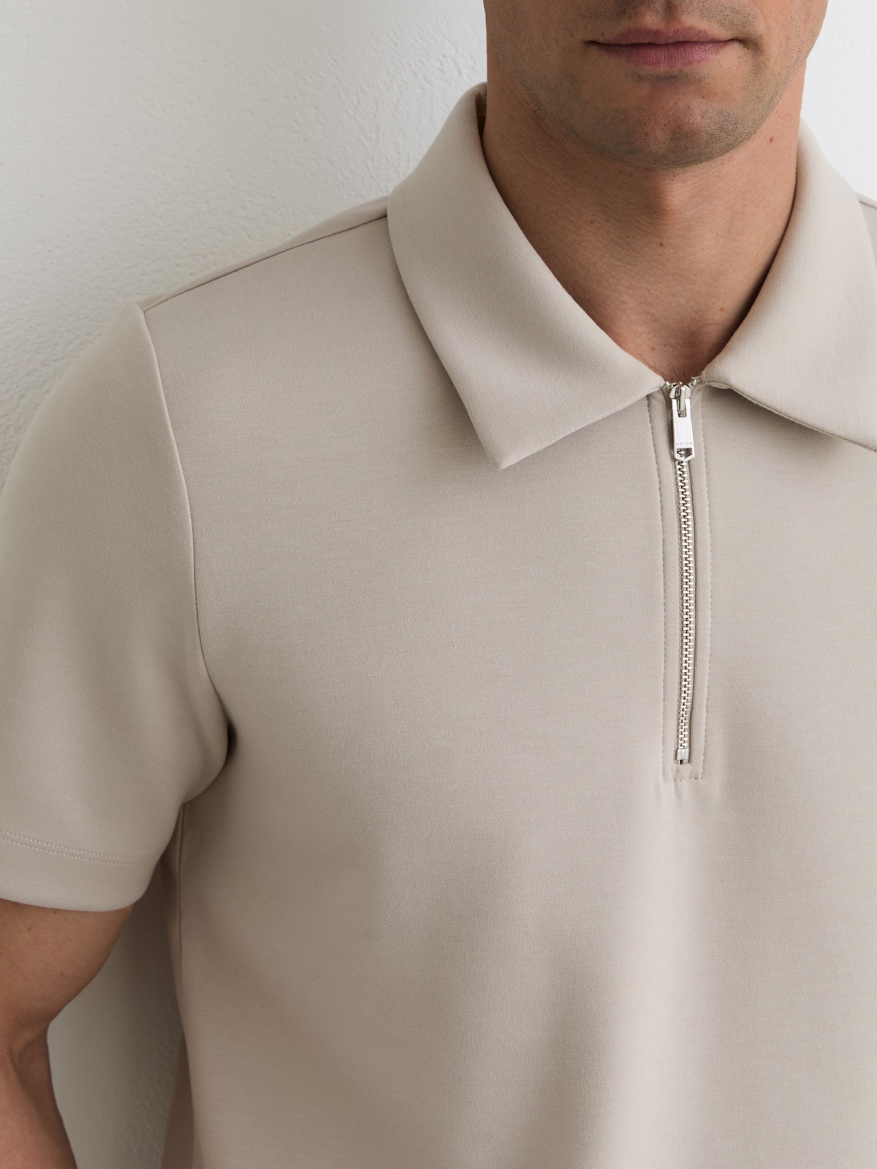 Premium Interlock Half-Zip Polo Shirt in Stone - Image 3 of 5