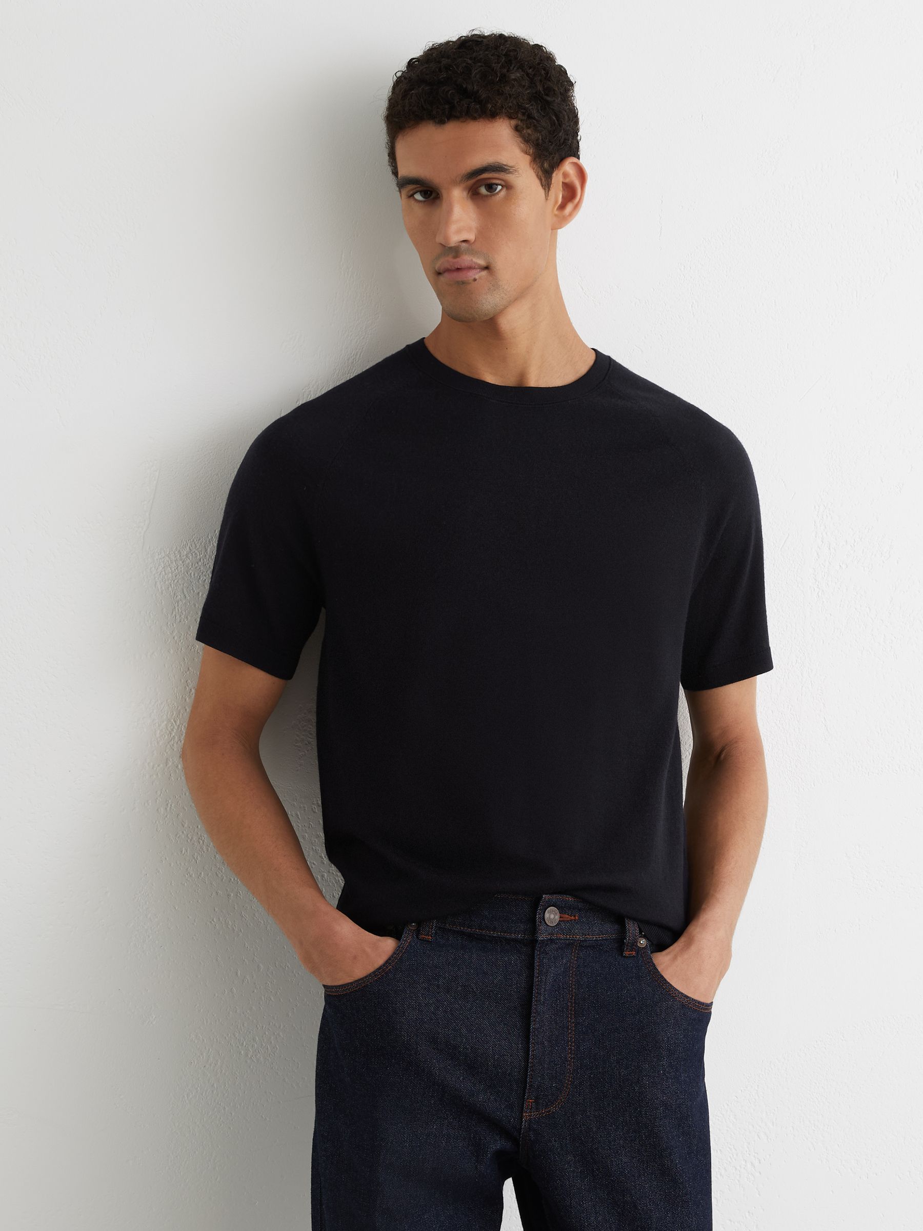 Merino Wool Raglan-Sleeve T-Shirt in Navy - Image 1 of 6