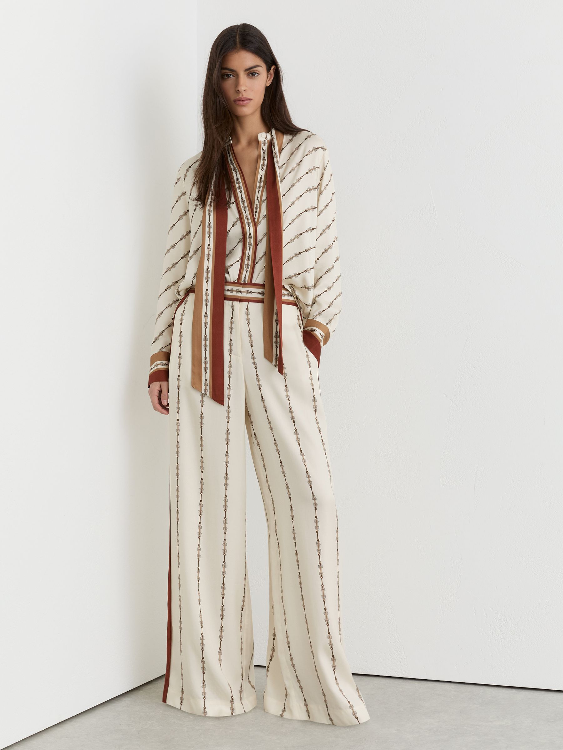 Chain-Print Wide-Leg Trousers in Ivory - Image 1 of 7