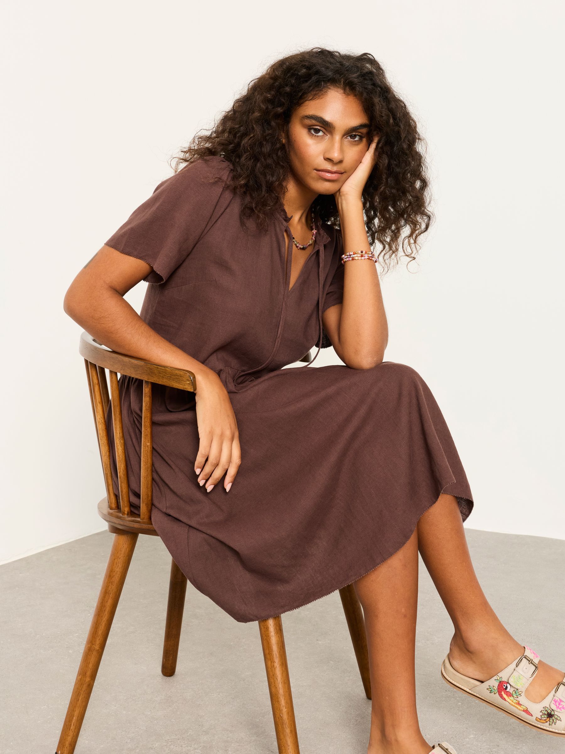 Immy Chocolate Brown Regular Linen Dress - Image 1 of 5