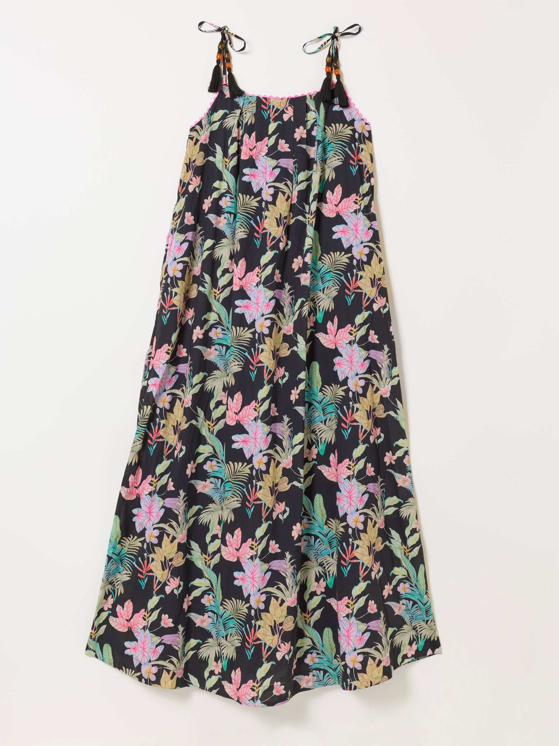 Bea Black Tropical Tassel Tie Strap Maxi Dress