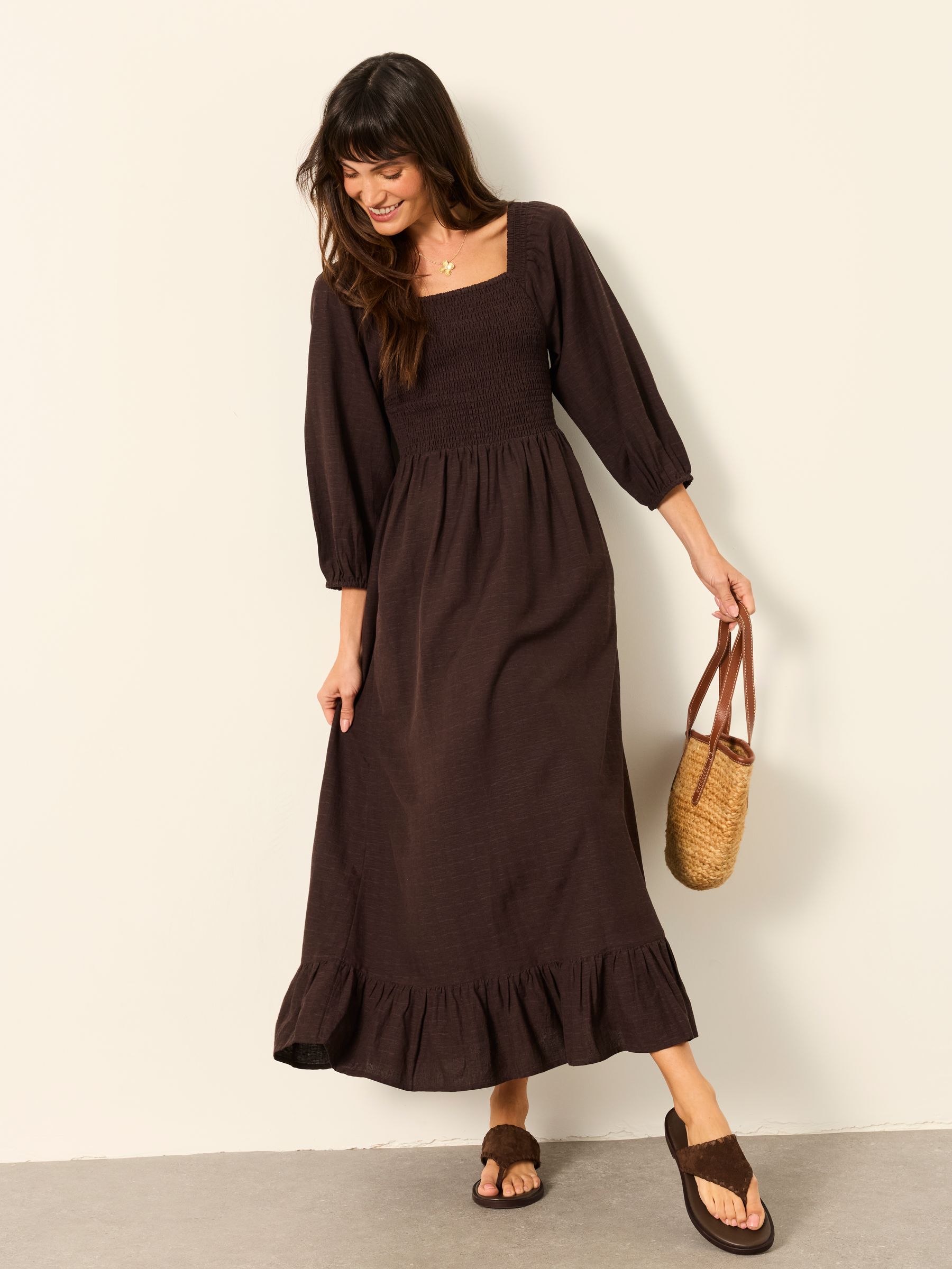 Fat Face - Chocolate Brown - Regular Midi Dress in Chocolate Brown