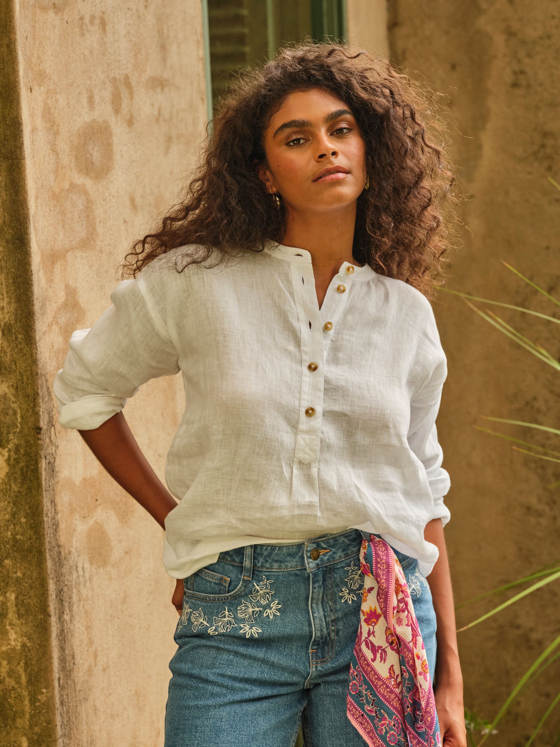 Julia White Regular Linen Popover Shirt | FatFace