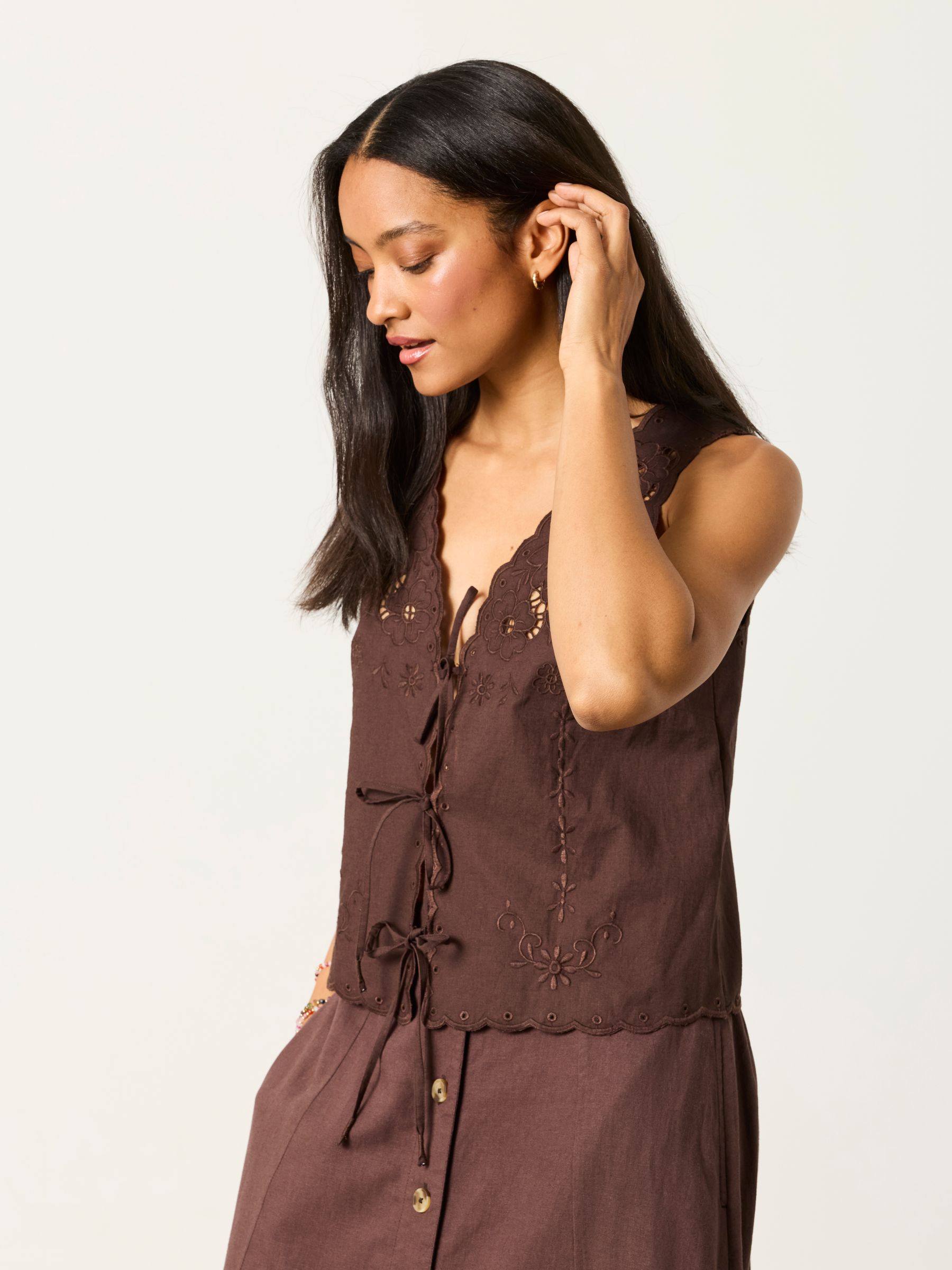 Becky Chocolate Brown Regular Embroidered Waistcoat - Image 4 of 6