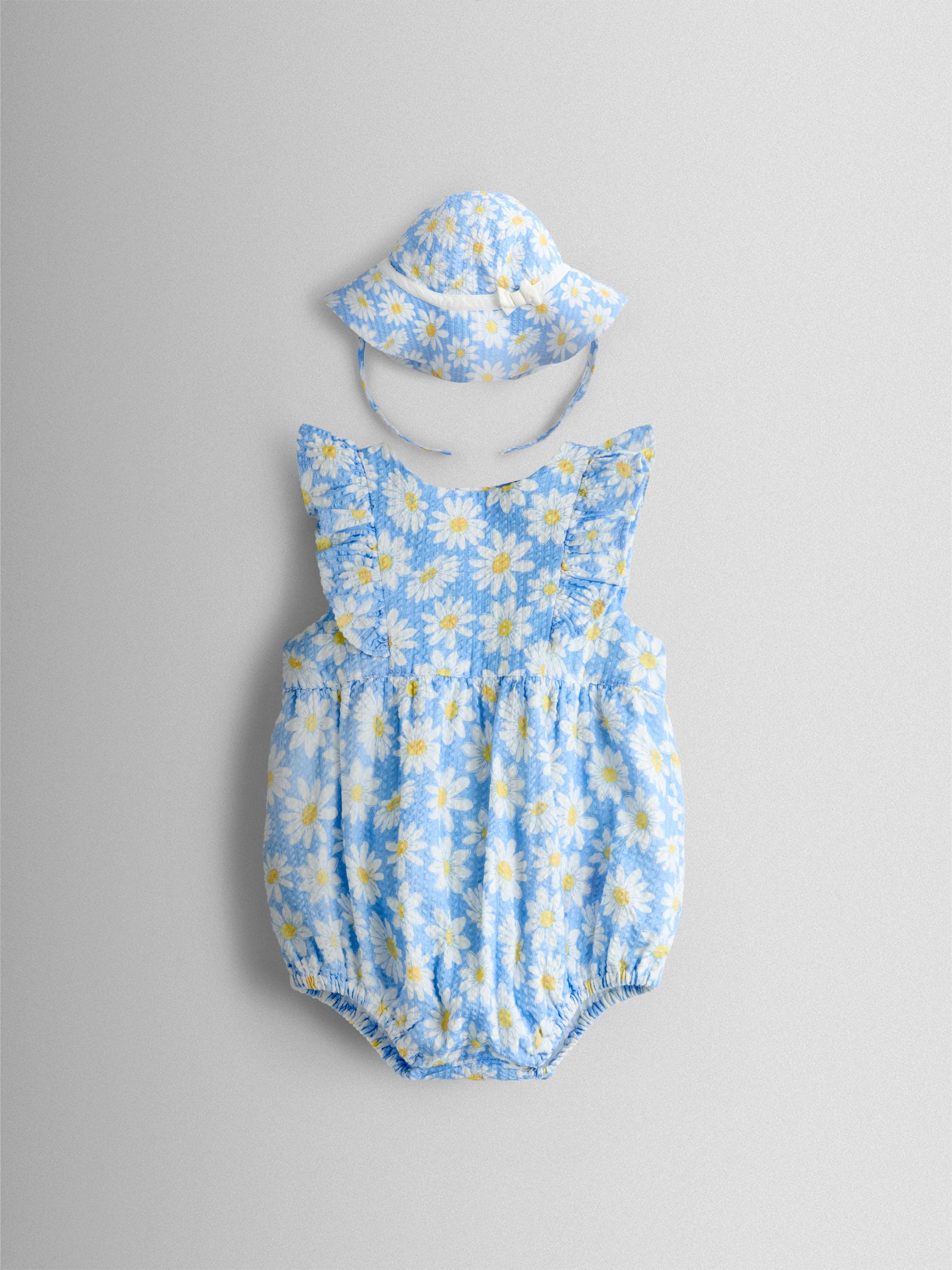 Blue Daisy Seersucker Frill Romper & Hat Set - Image 1 of 7