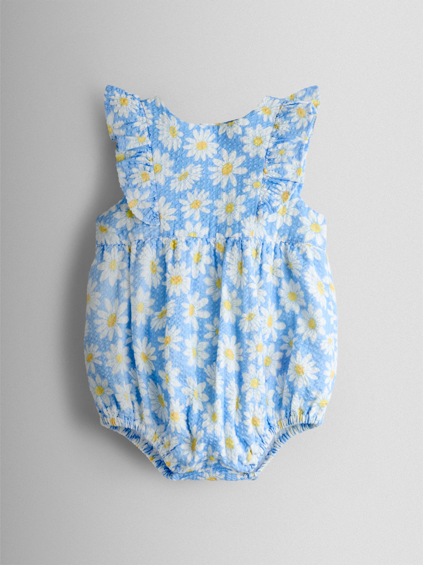 Blue Daisy Seersucker Frill Romper & Hat Set - Image 2 of 7