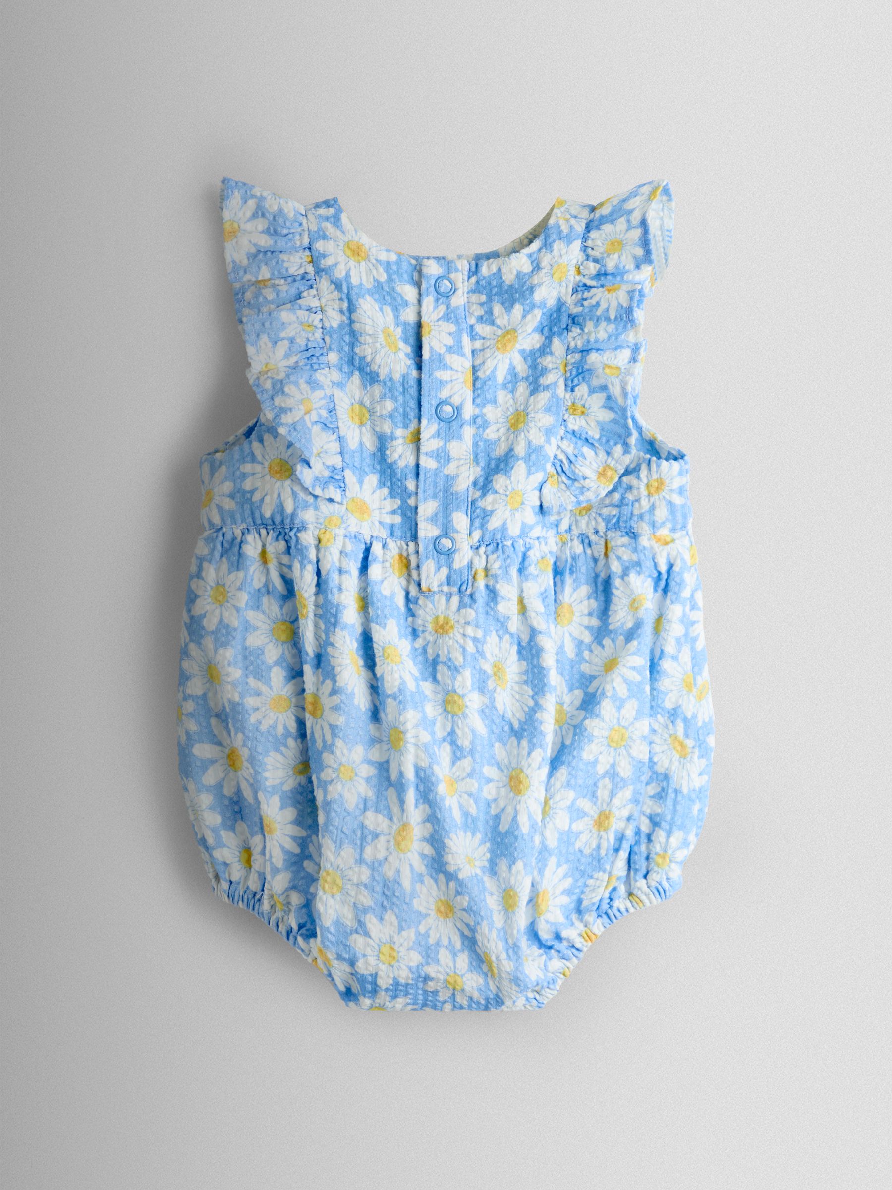 Blue Daisy Seersucker Frill Romper & Hat Set - Image 3 of 7