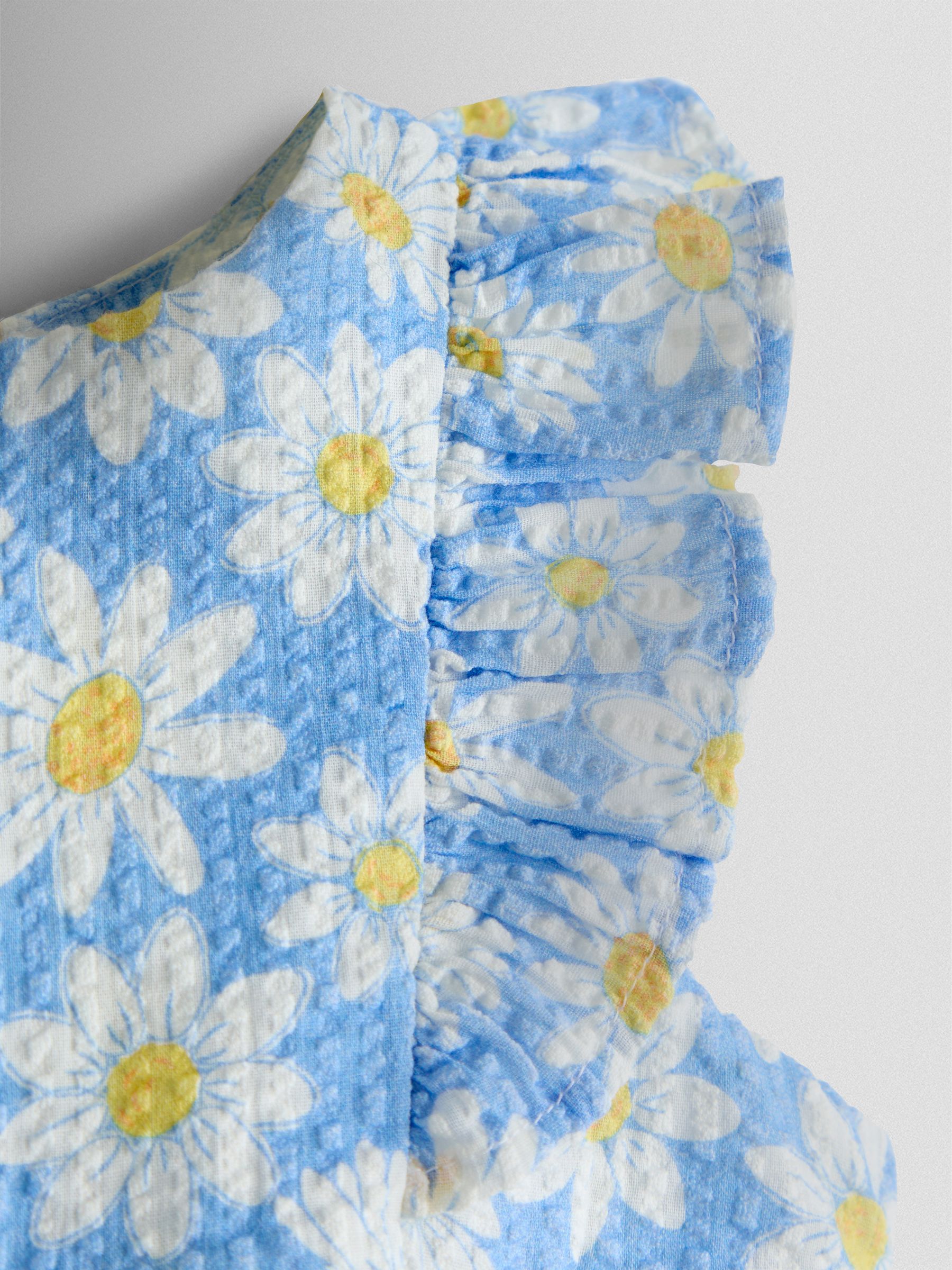 Blue Daisy Seersucker Frill Romper & Hat Set - Image 7 of 7