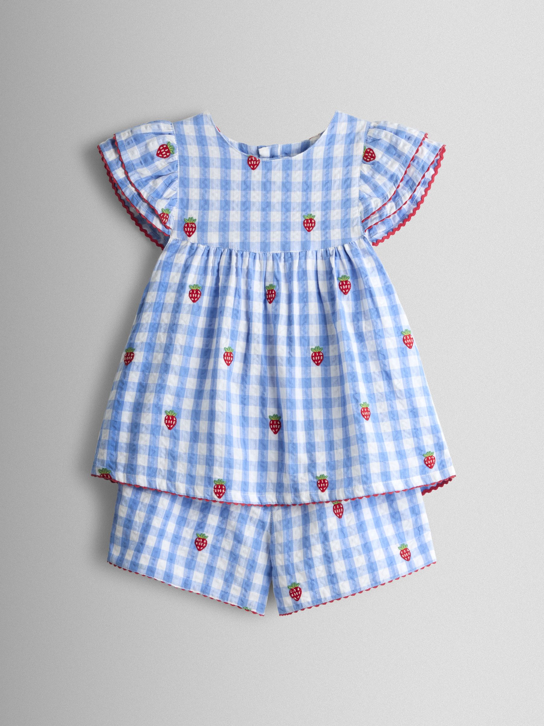 Blue Gingham Strawberry Frill Sleeve Embroidered Top & Short Set - Image 1 of 6