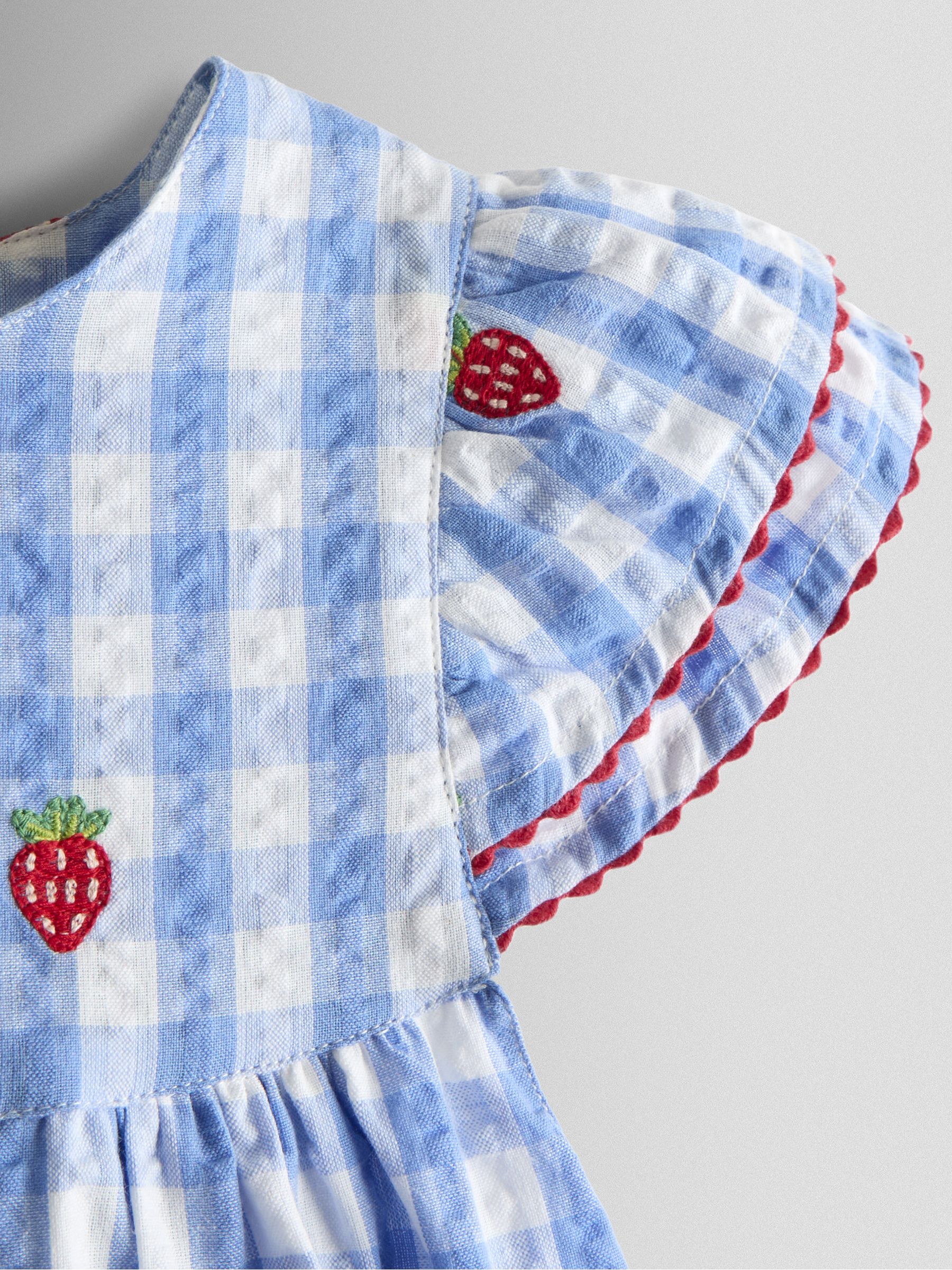 Blue Gingham Strawberry Frill Sleeve Embroidered Top & Short Set - Image 7 of 7