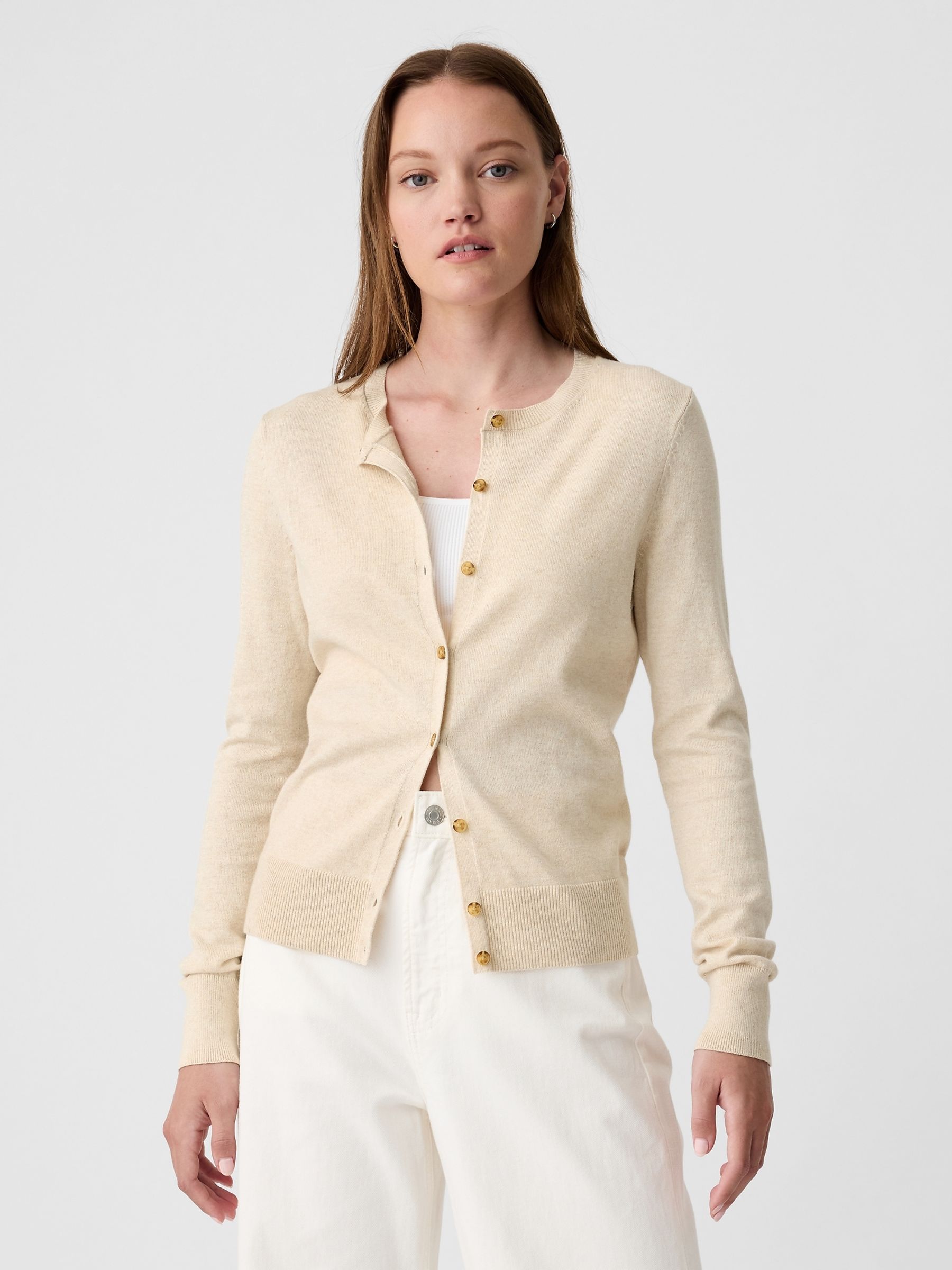 Beige Lightweight Long Sleeve Crew Neck Cardigan - Image 1 of 6