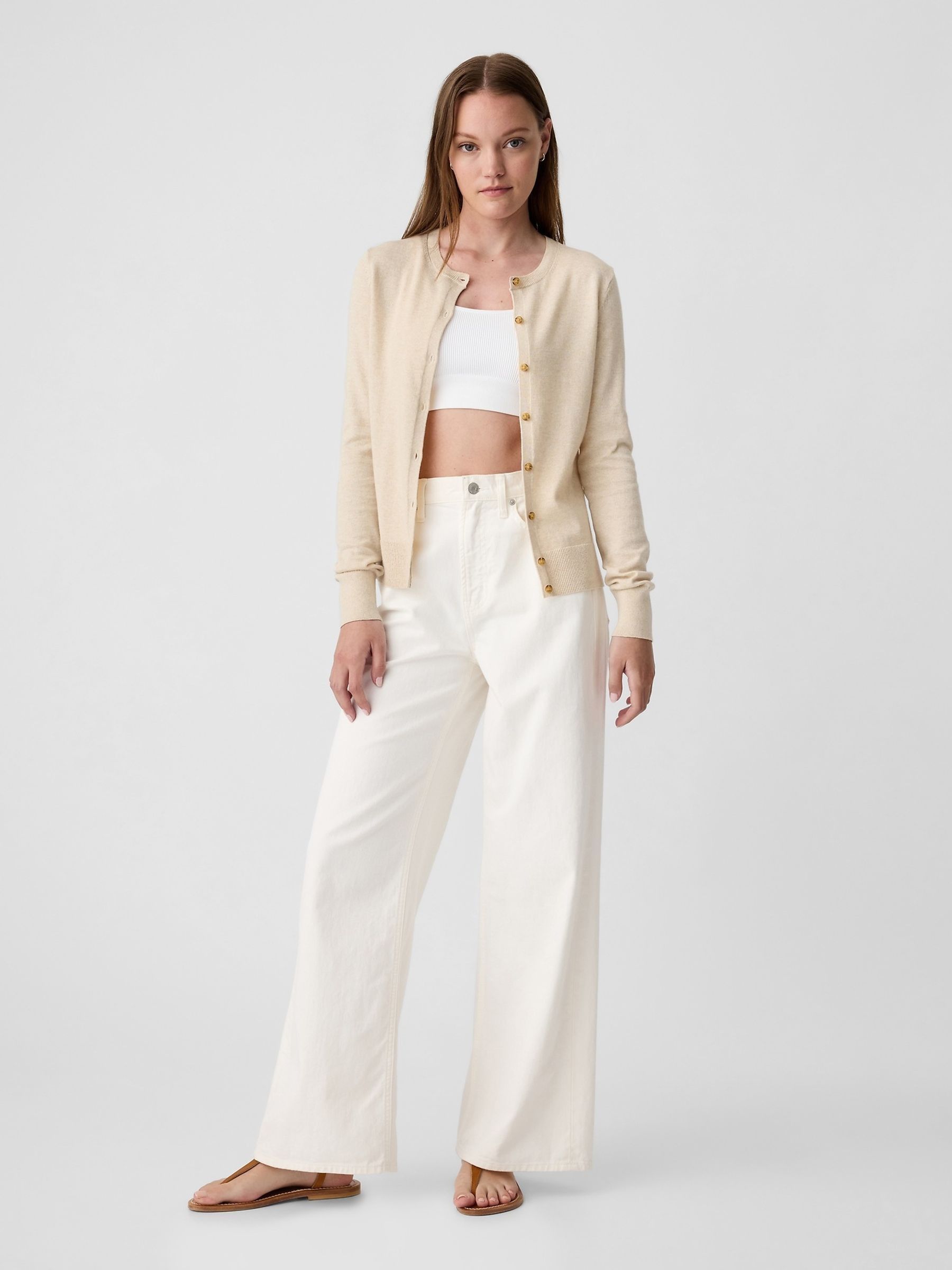 Beige Lightweight Long Sleeve Crew Neck Cardigan - Image 3 of 6
