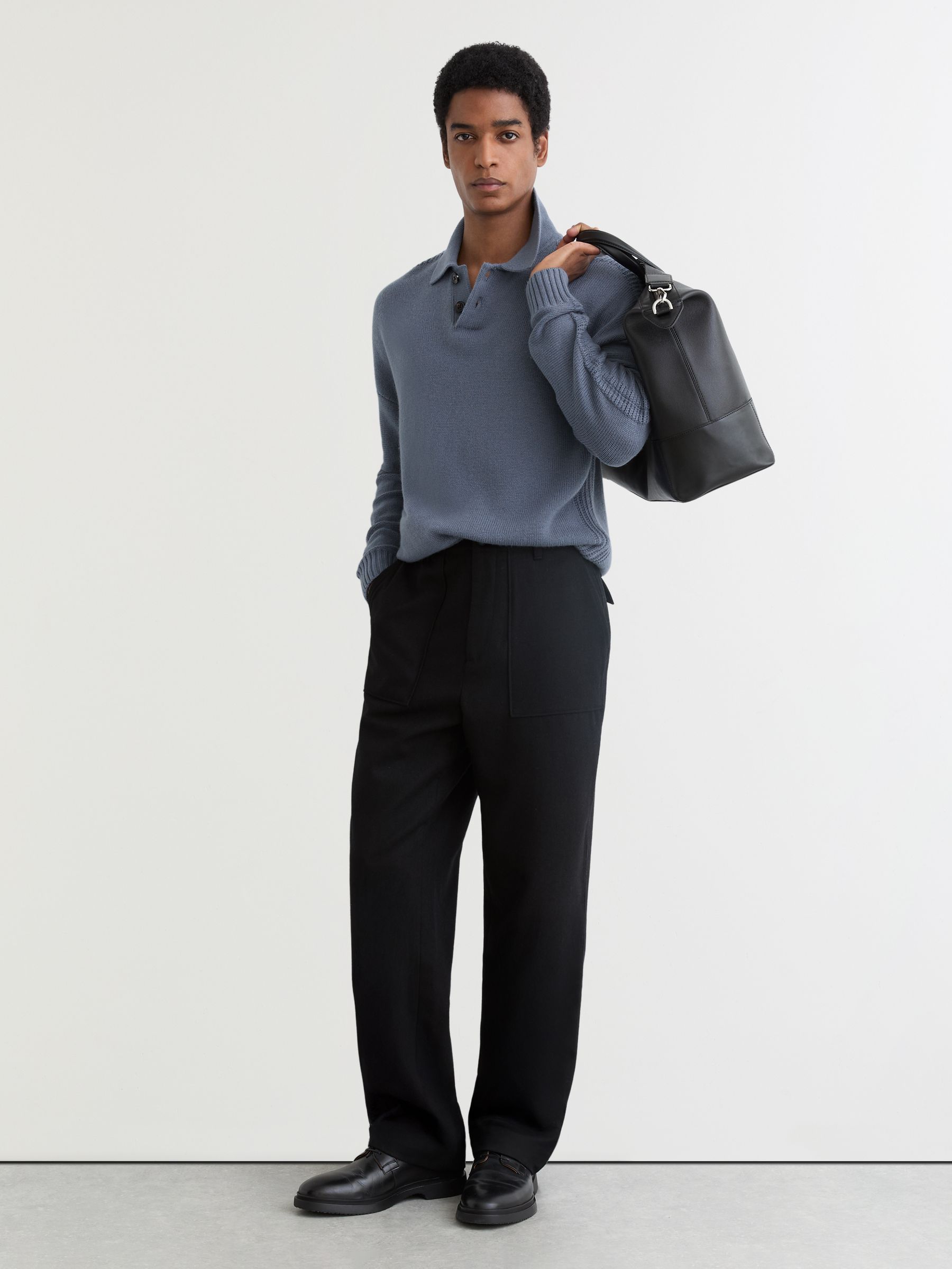 Wool-Blend Half-Button Polo Jumper in Airforce Blue - Image 1 of 6