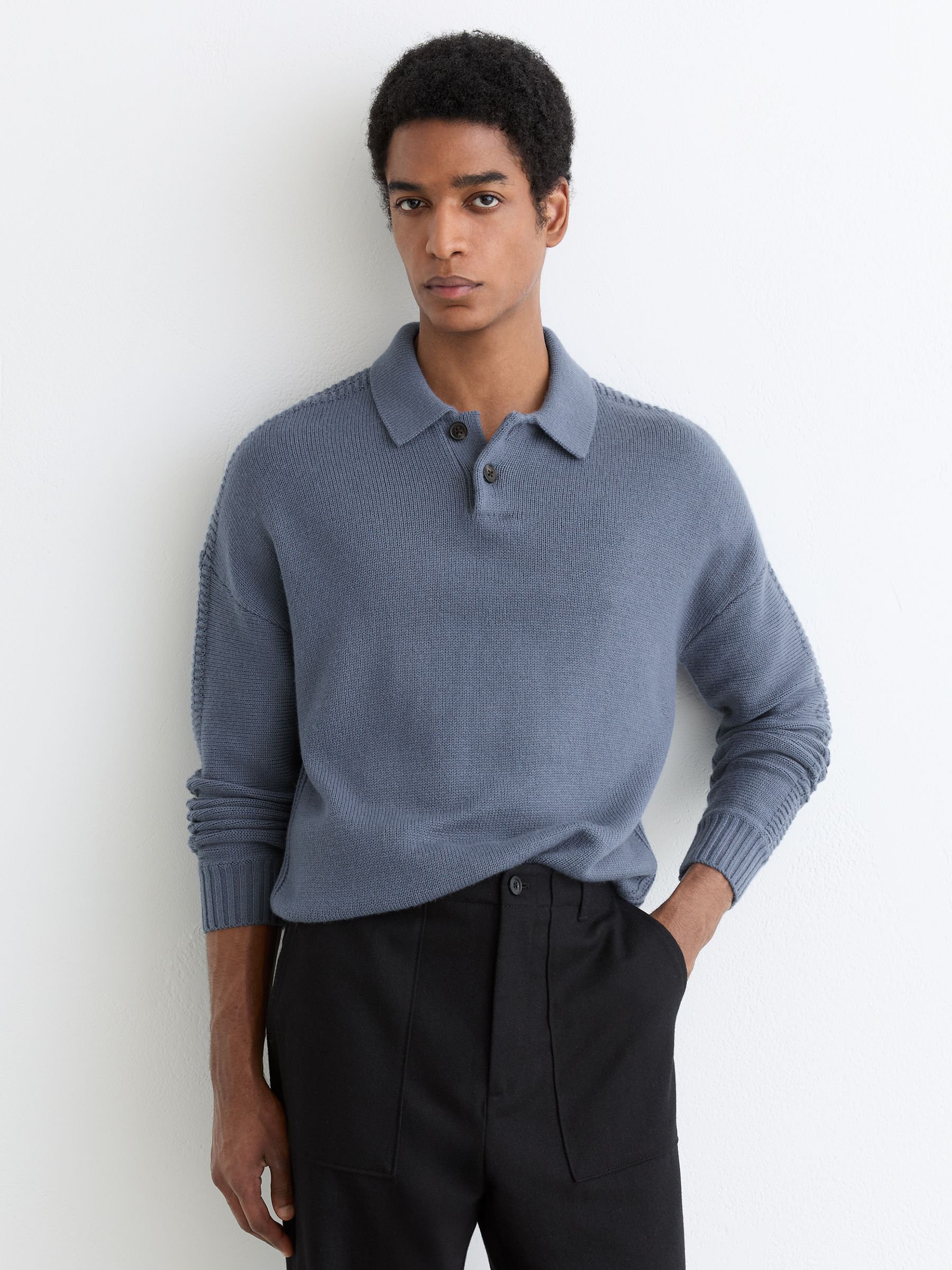 Wool-Blend Half-Button Polo Jumper in Airforce Blue - Image 3 of 6