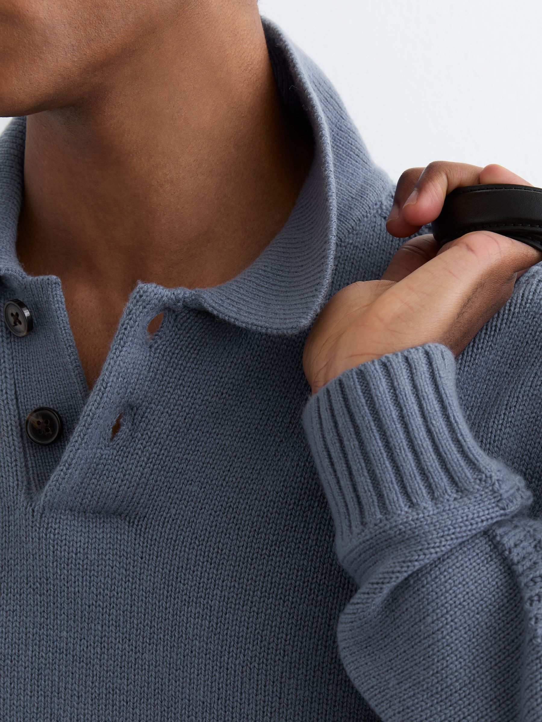 Wool-Blend Half-Button Polo Jumper in Airforce Blue - Image 4 of 6