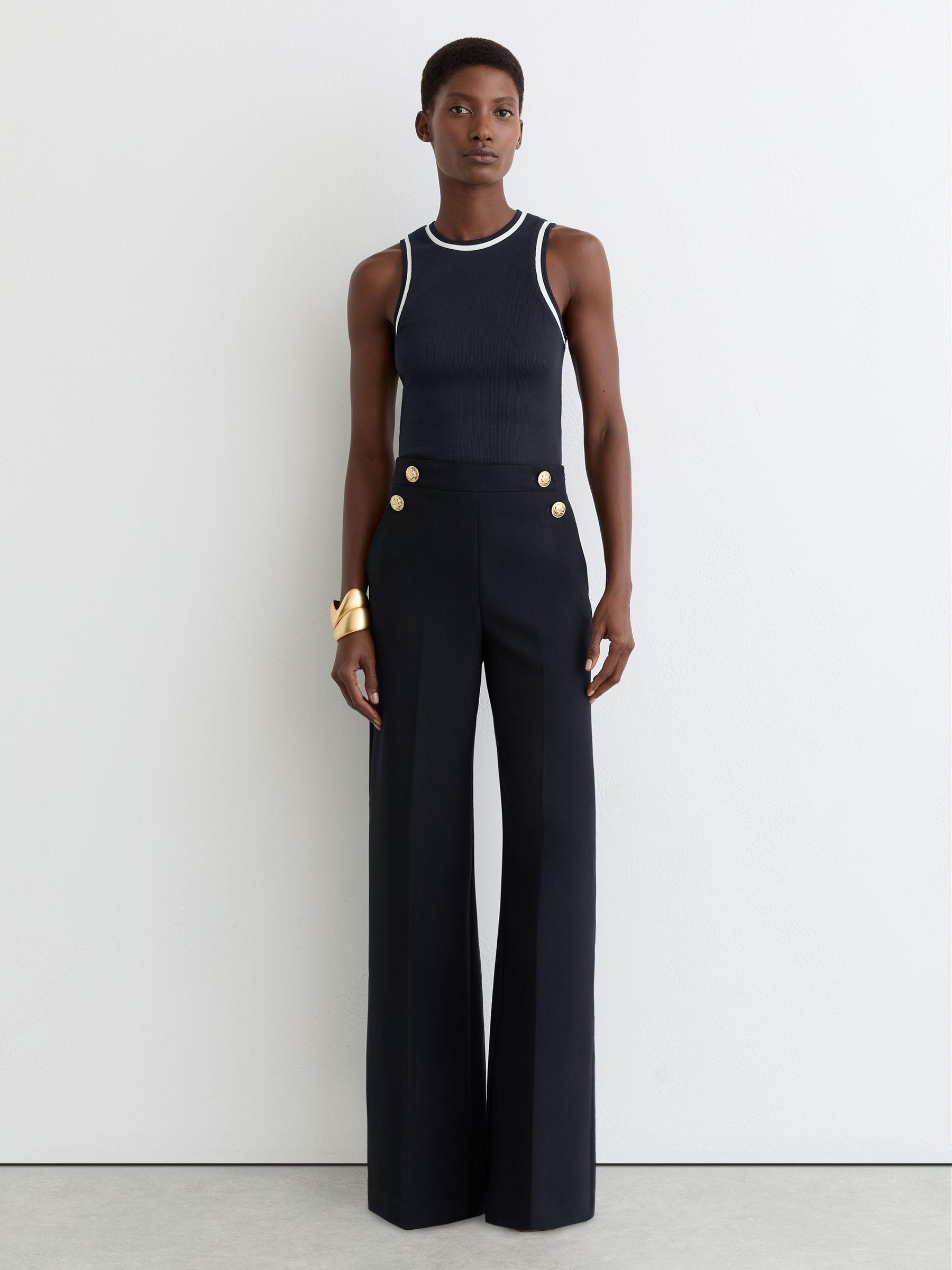 Petite Wide-Leg Button-Detail Trousers in Navy - Image 1 of 8