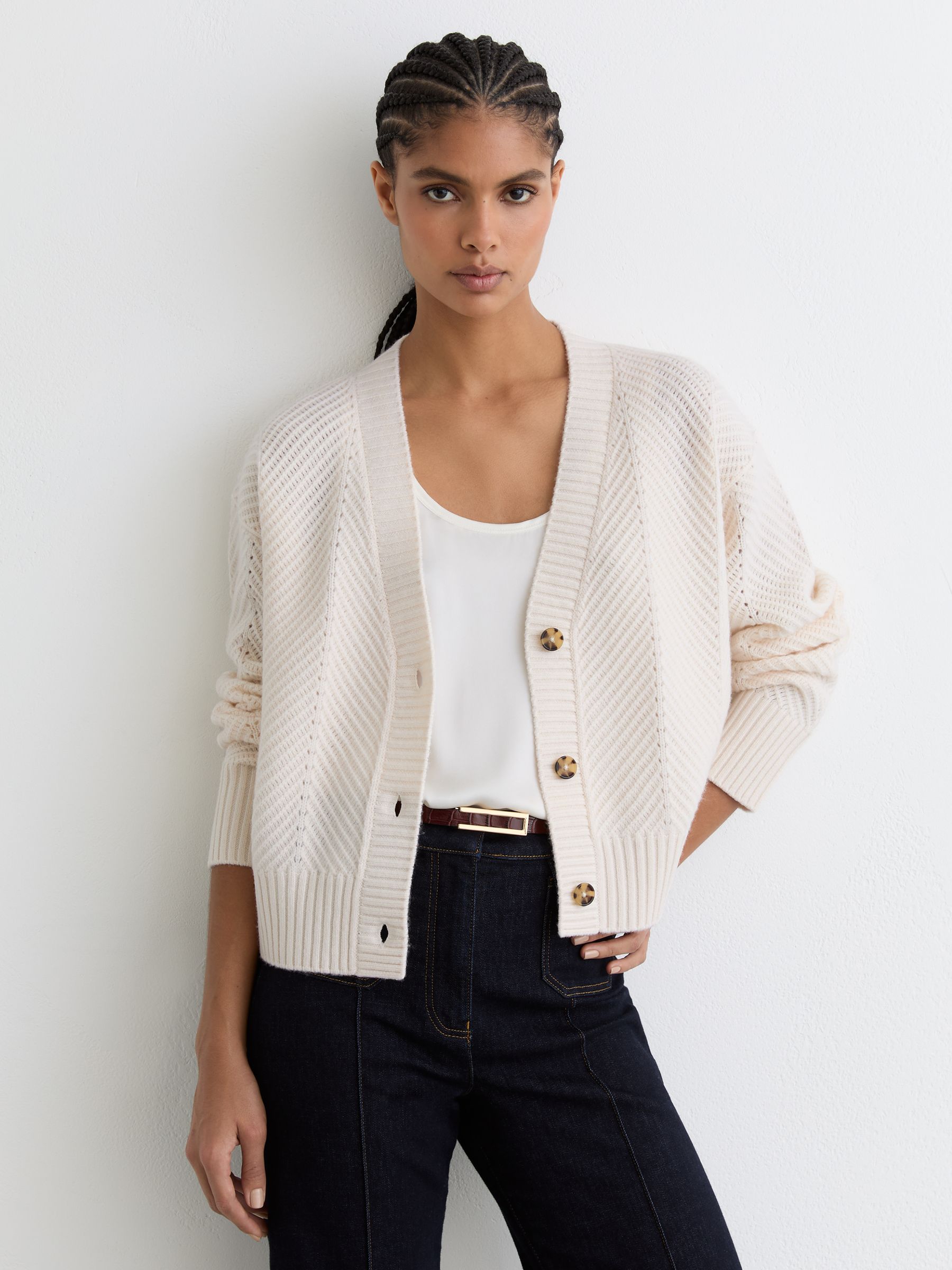 Wool-Cashmere Chevron-Stitch Cardigan in Ivory - Image 1 of 6