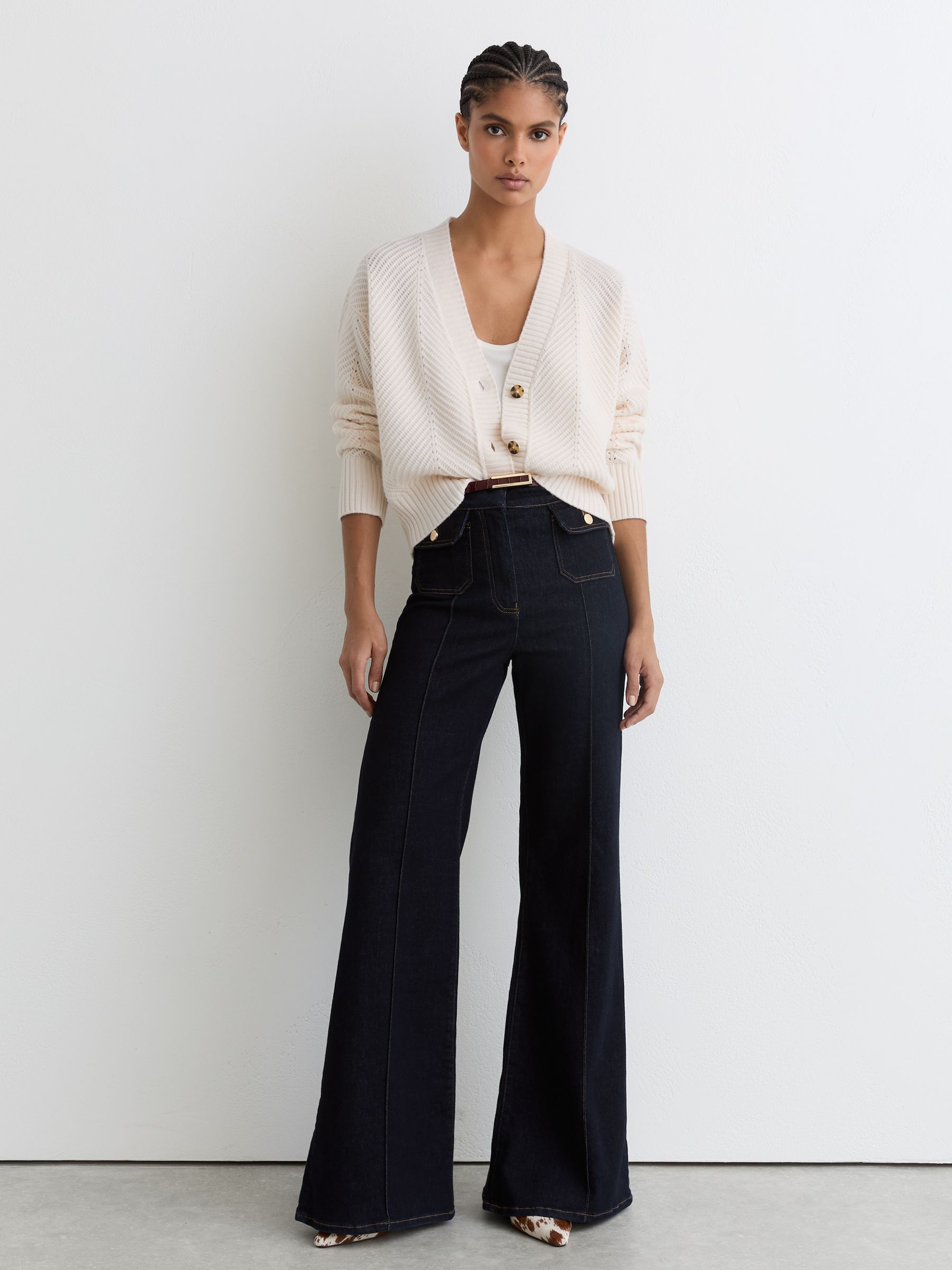 Wool-Cashmere Chevron-Stitch Cardigan in Ivory - Image 4 of 6