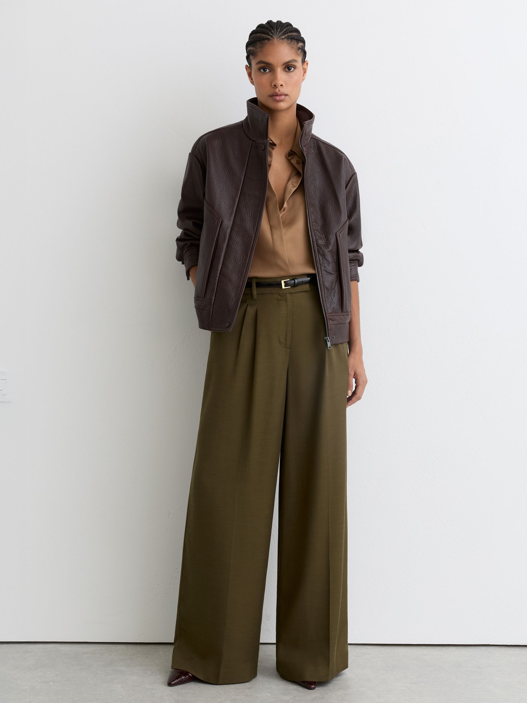 Wide-Leg Pleated Trousers in Khaki Green - Image 1 of 6