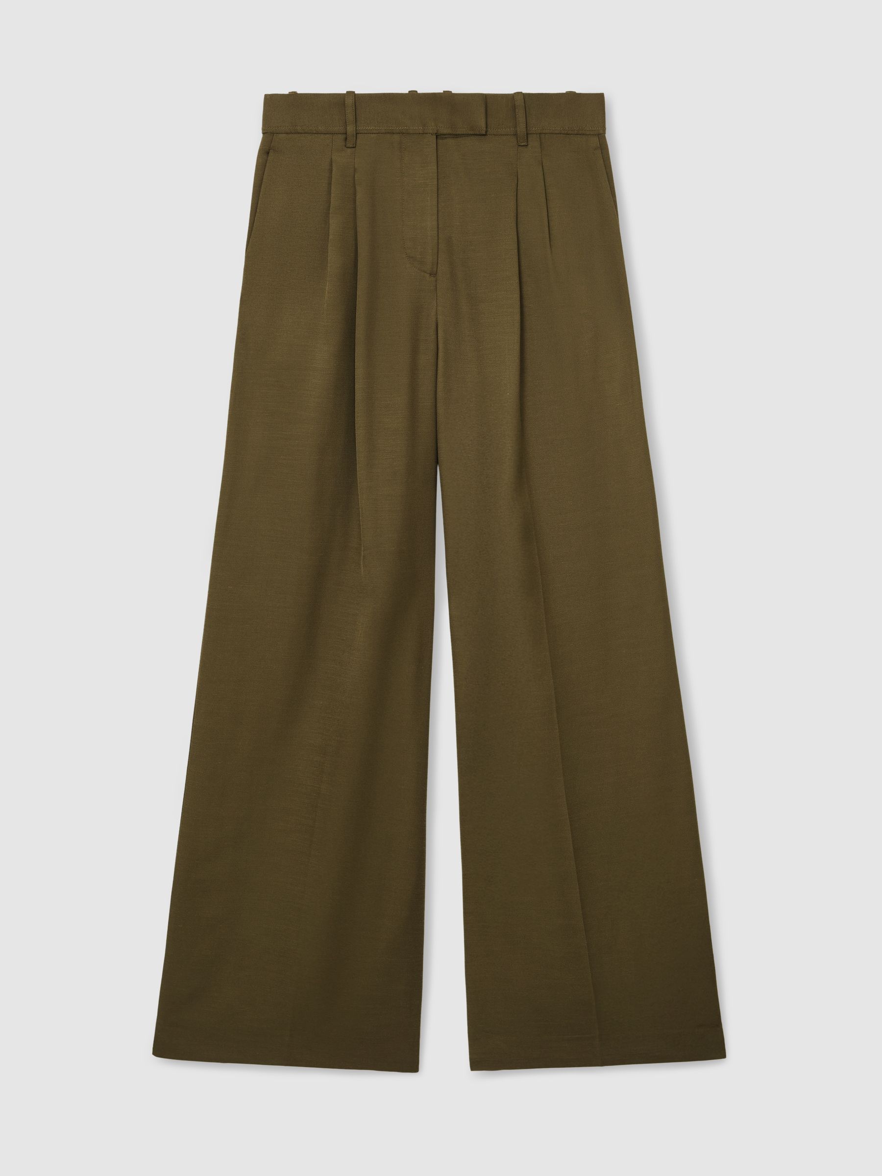 Wide-Leg Pleated Trousers in Khaki Green - Image 2 of 6