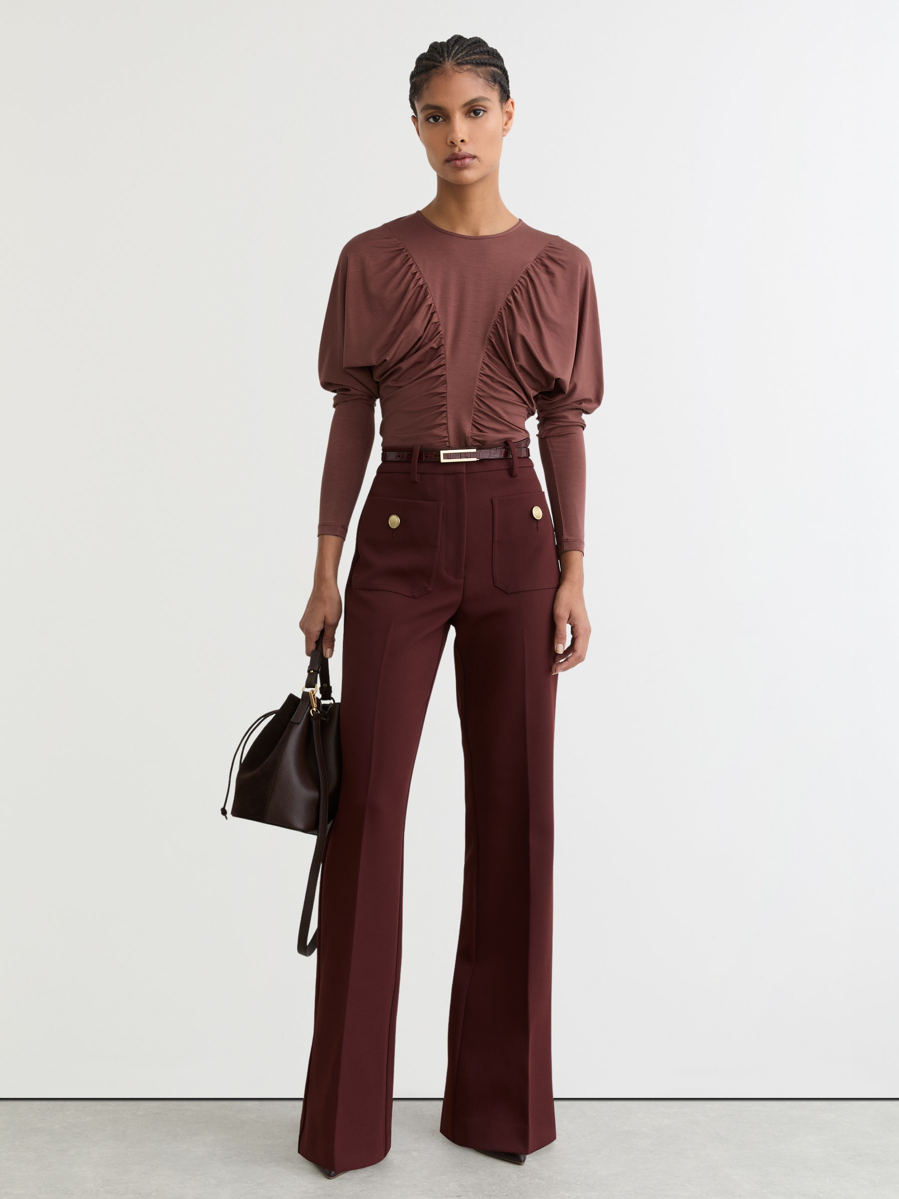 Ruched Jersey Long-Sleeve Top in Rust Red - image 5