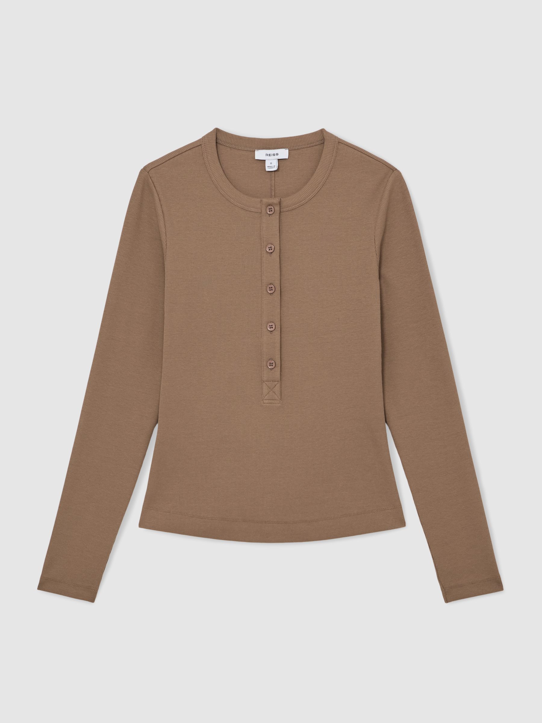 Stretch-Cotton Half-Button Top in Taupe Brown - image 1