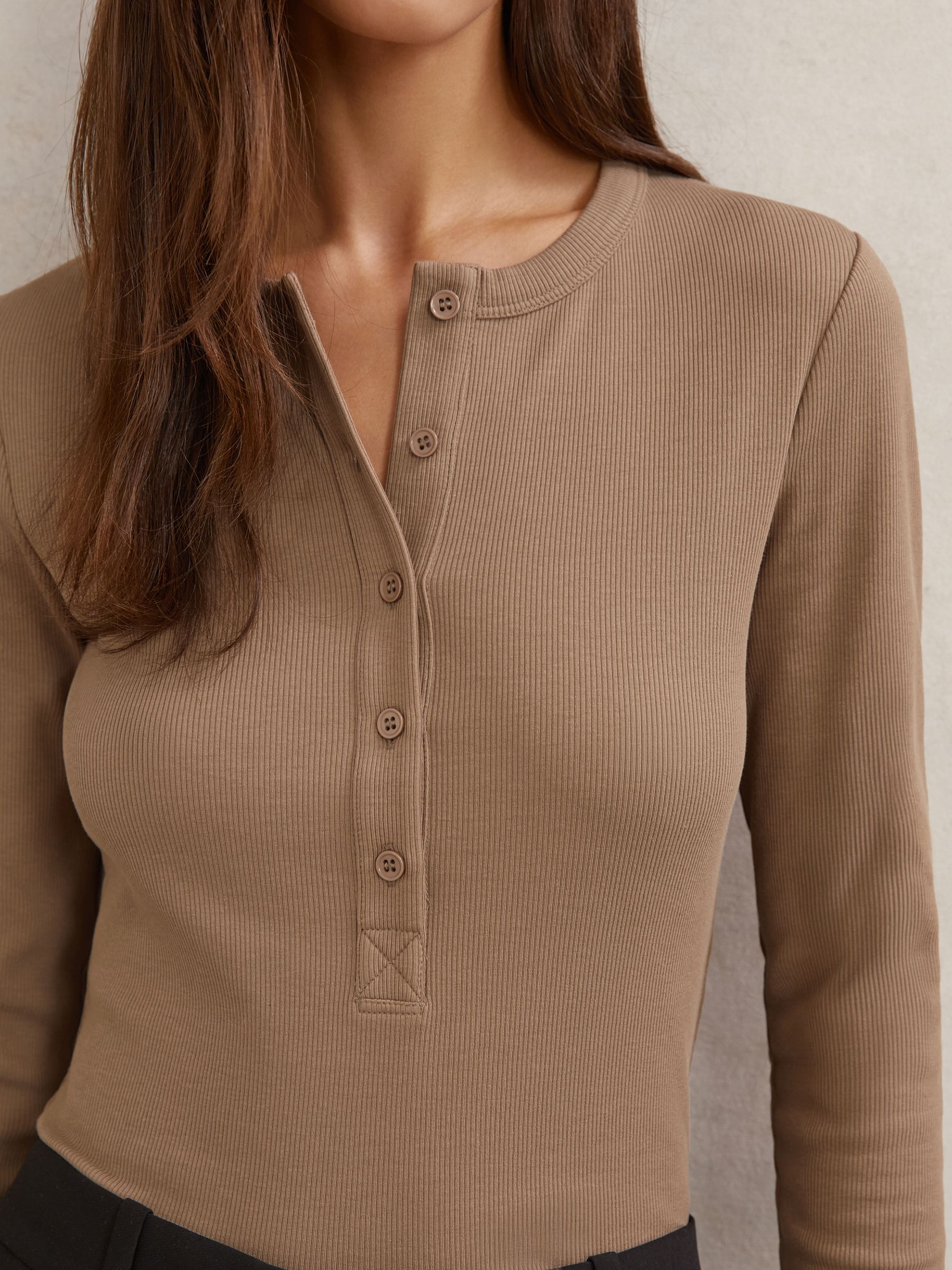 Stretch-Cotton Half-Button Top in Taupe Brown - image 5