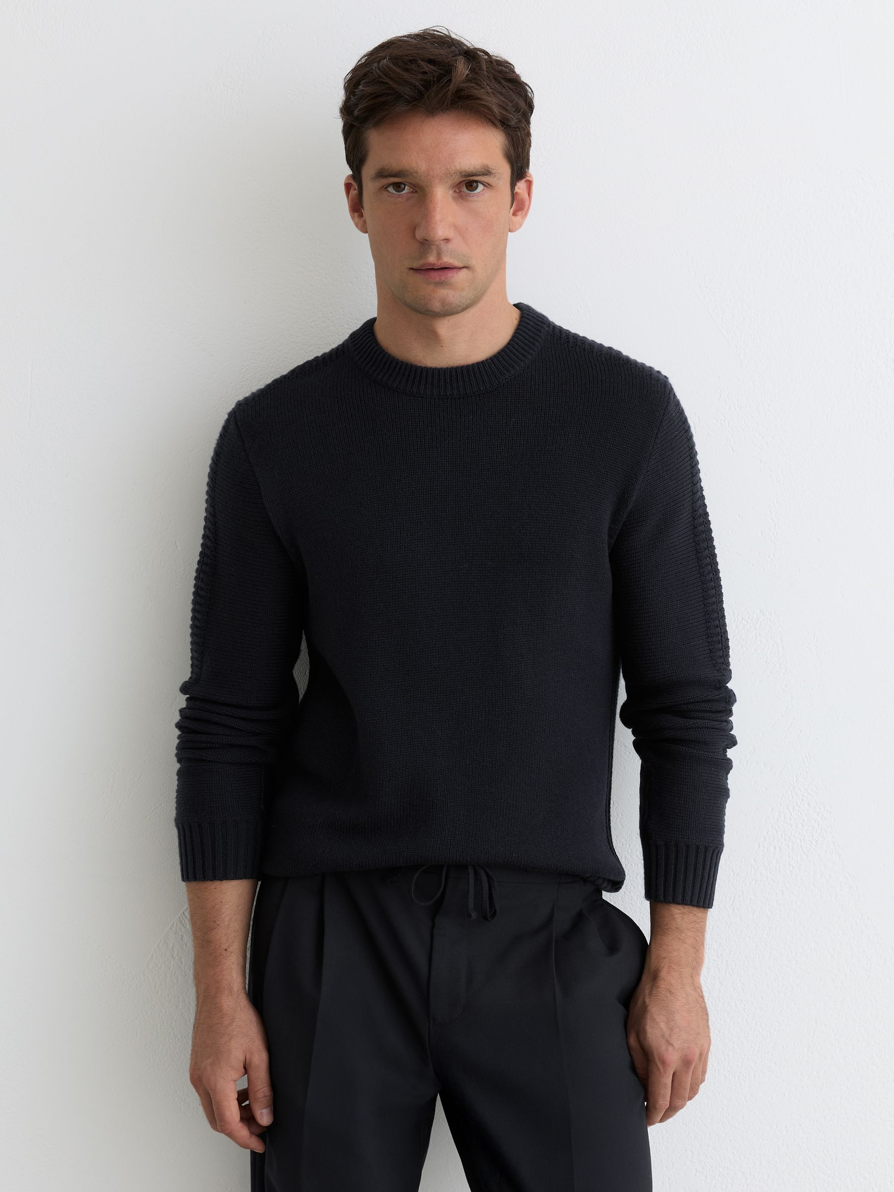 Wool-Blend Rib-Detail Crew-Neck Jumper in Navy - Image 4 of 6