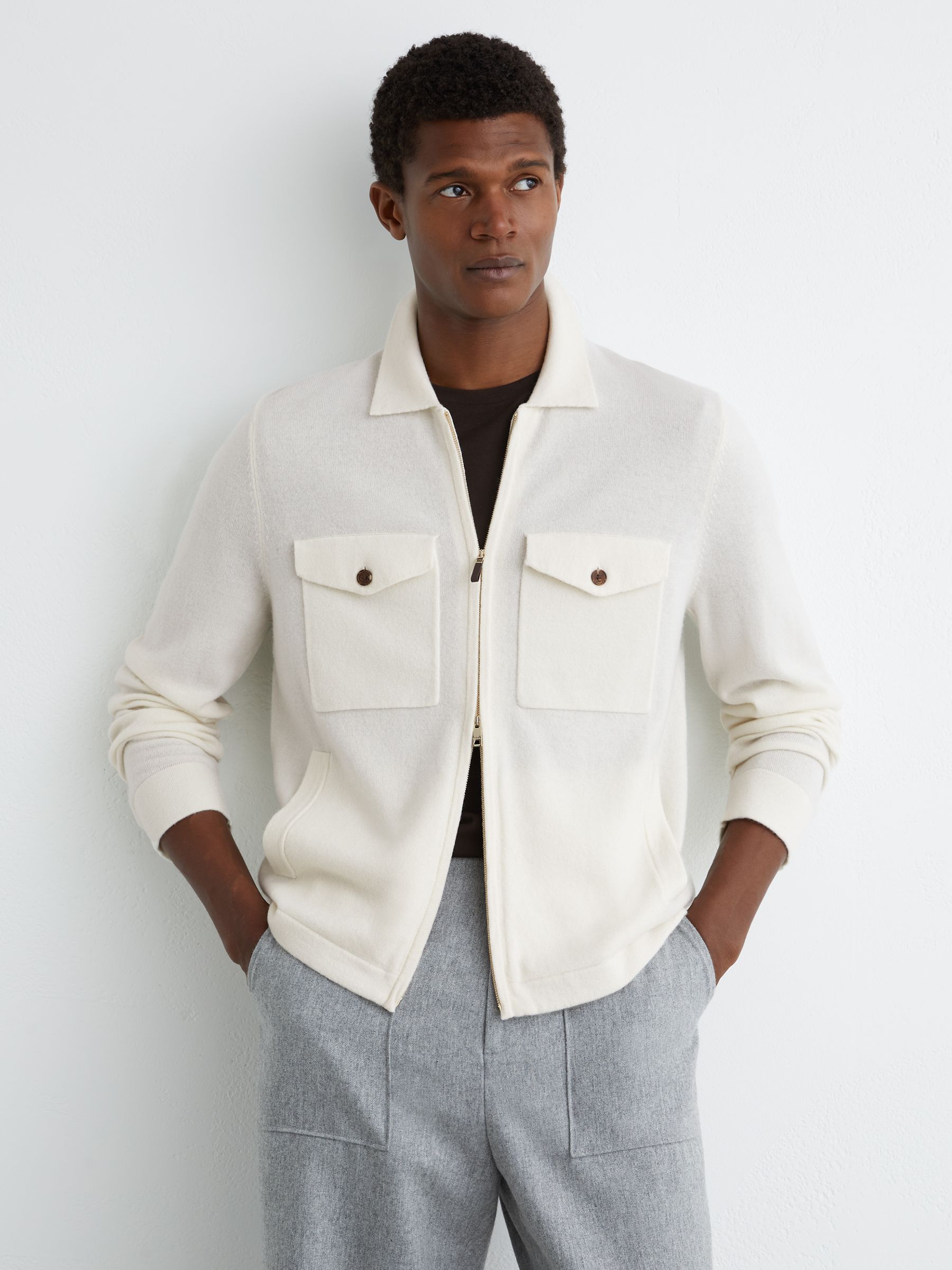 Wool Knitted Zip-Through Overshirt in White - Image 1 of 6