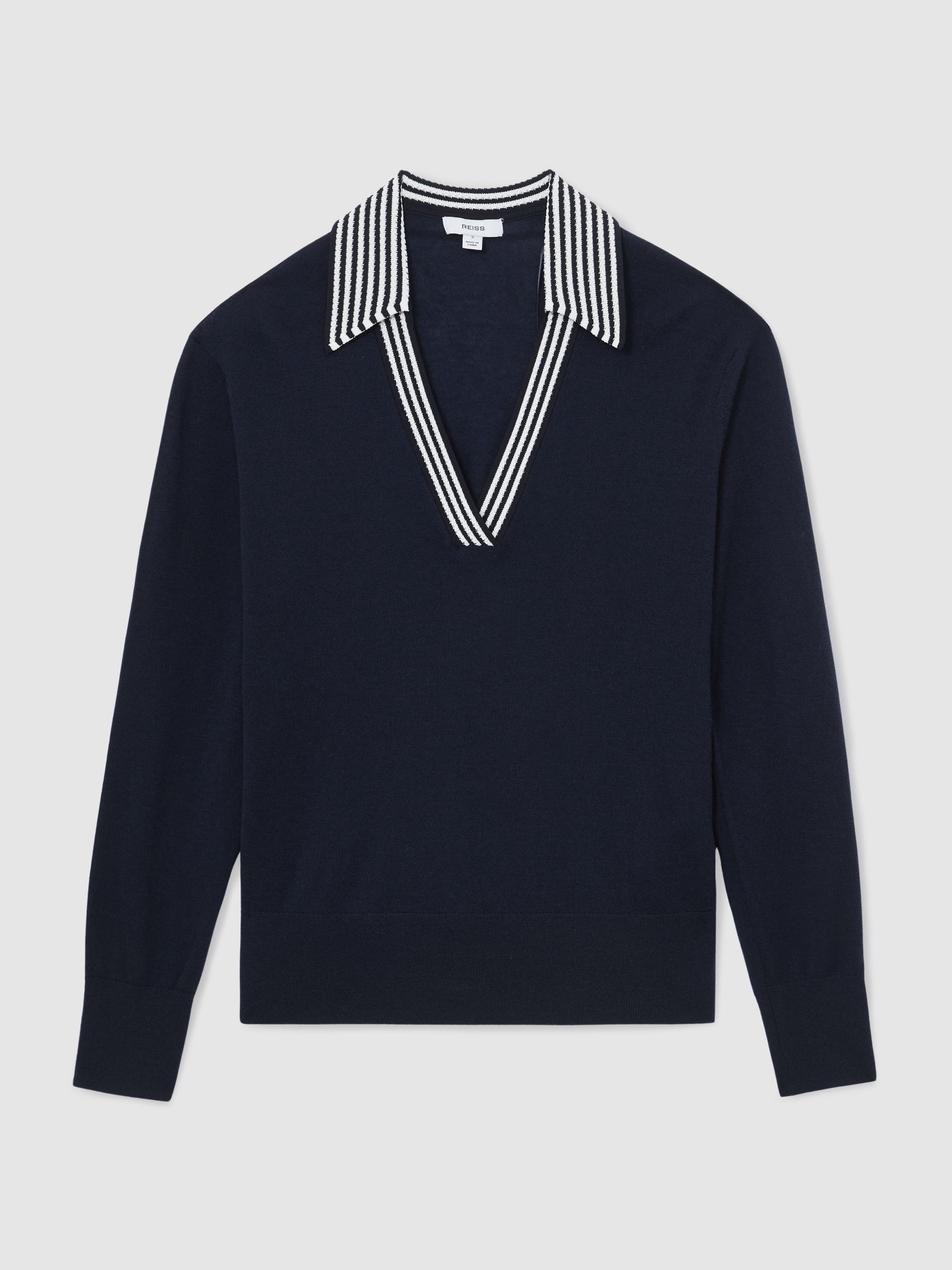 Merino Wool Stripe-Collar Jumper in Navy/White - Image 2 of 6
