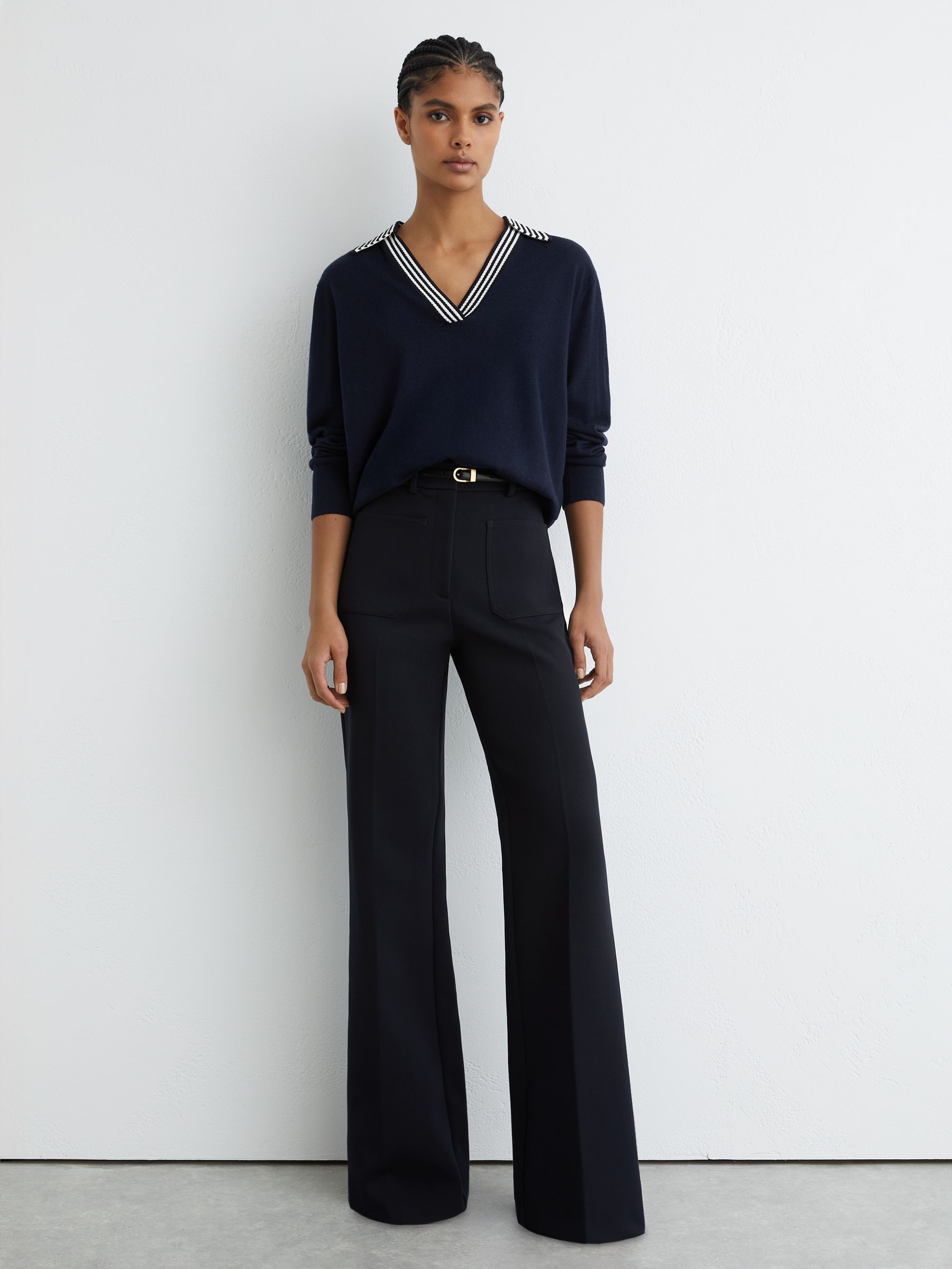 Merino Wool Stripe-Collar Jumper in Navy/White - Image 3 of 6