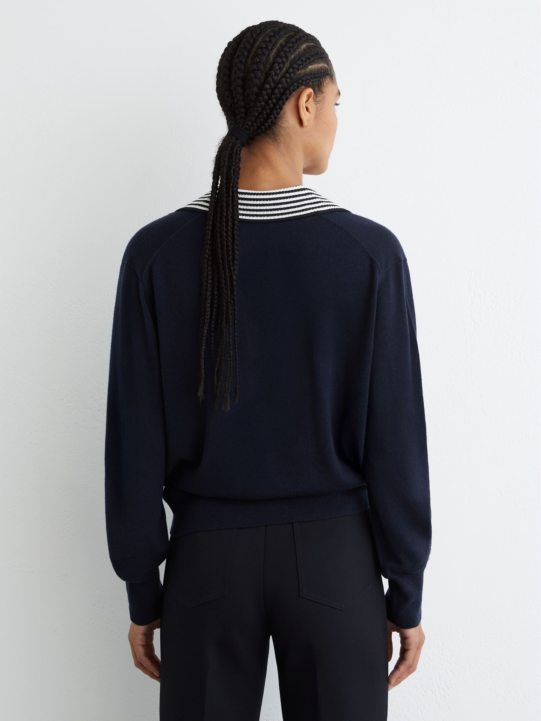 Merino Wool Stripe-Collar Jumper in Navy/White - Image 5 of 6