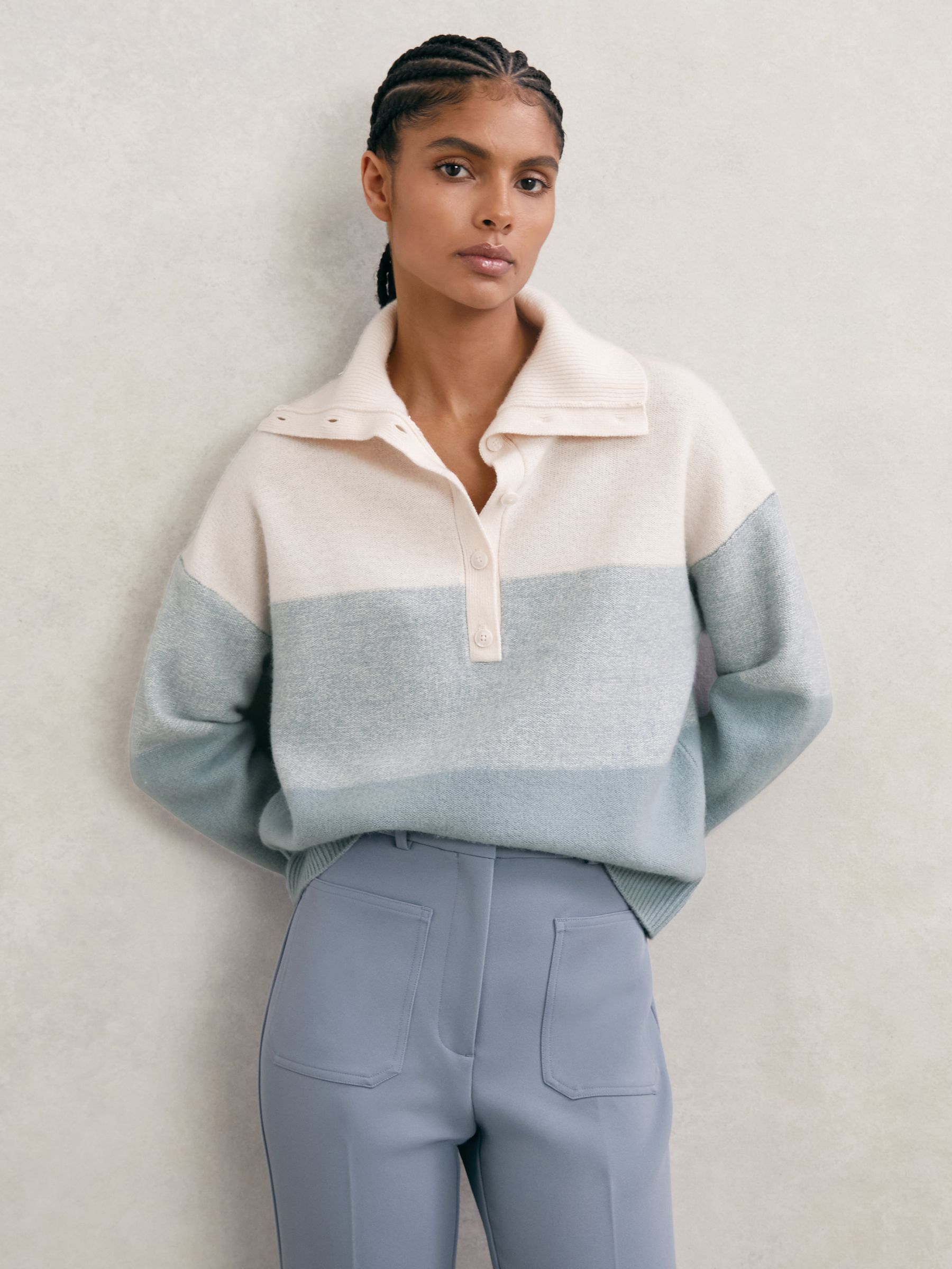 Wool-Cashmere Stripe Buttoned Jumper in Cream/Blue - Image 1 of 7