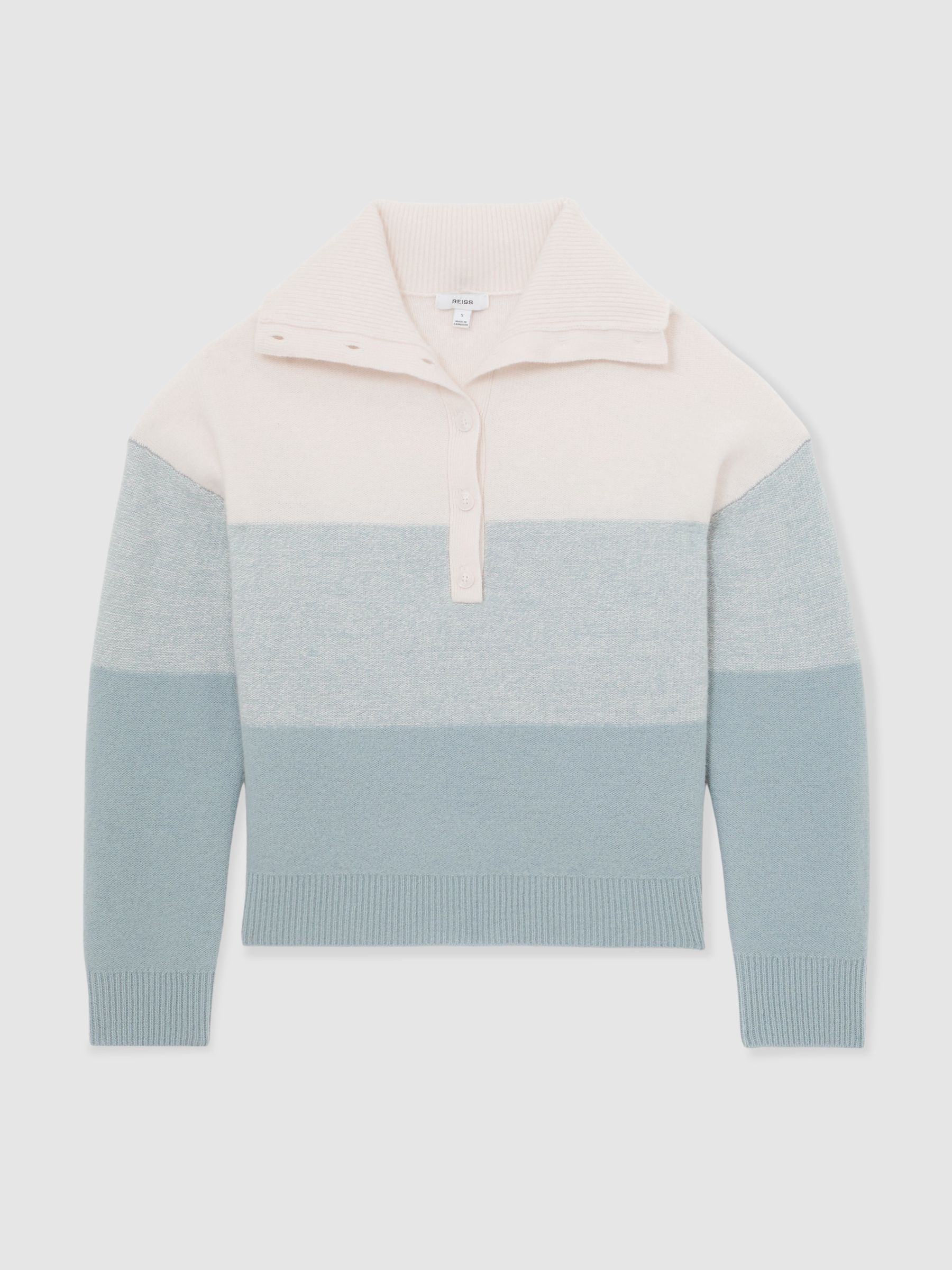 Wool-Cashmere Stripe Buttoned Jumper in Cream/Blue - Image 2 of 7