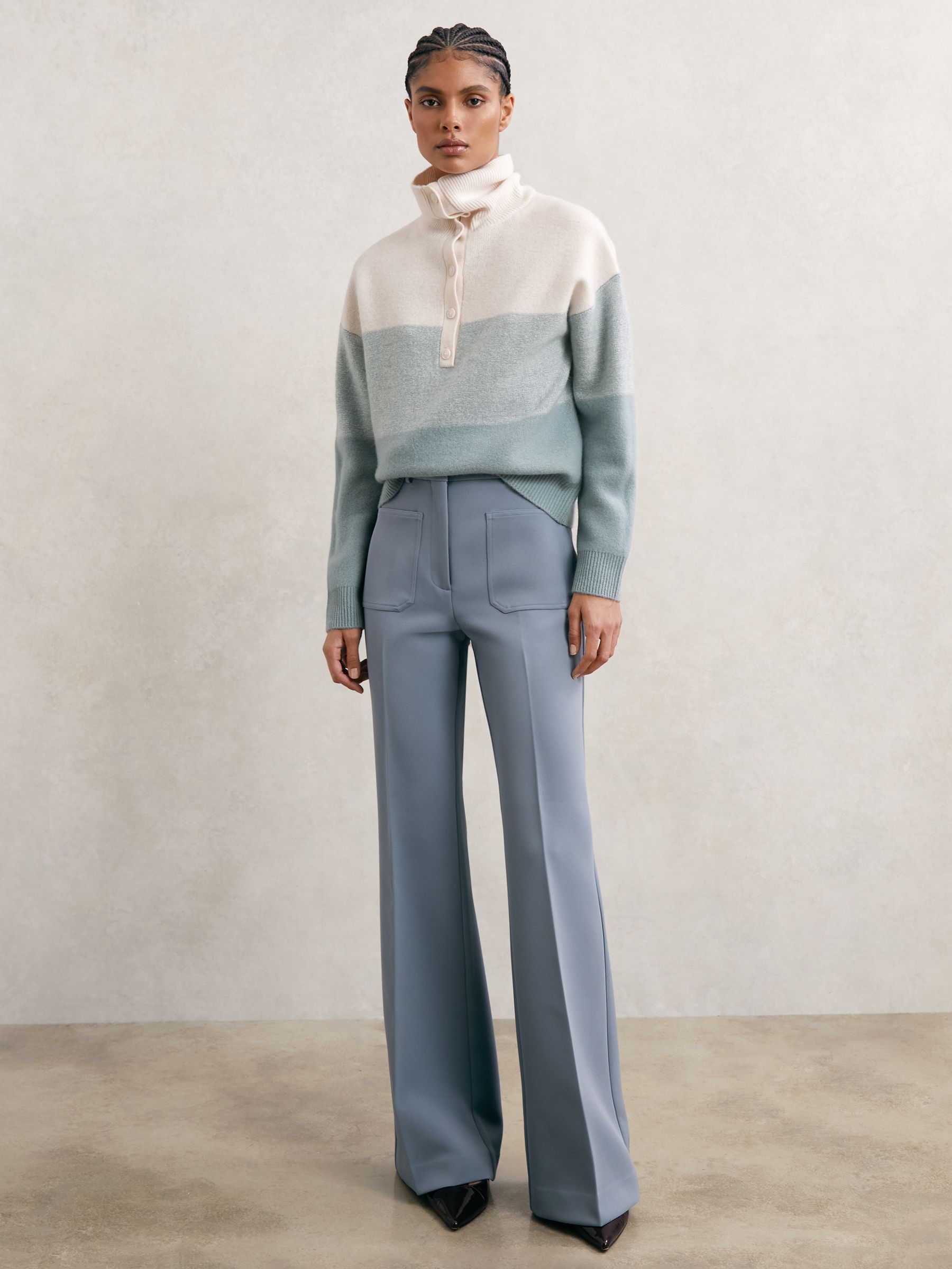 Wool-Cashmere Stripe Buttoned Jumper in Cream/Blue - Image 3 of 7