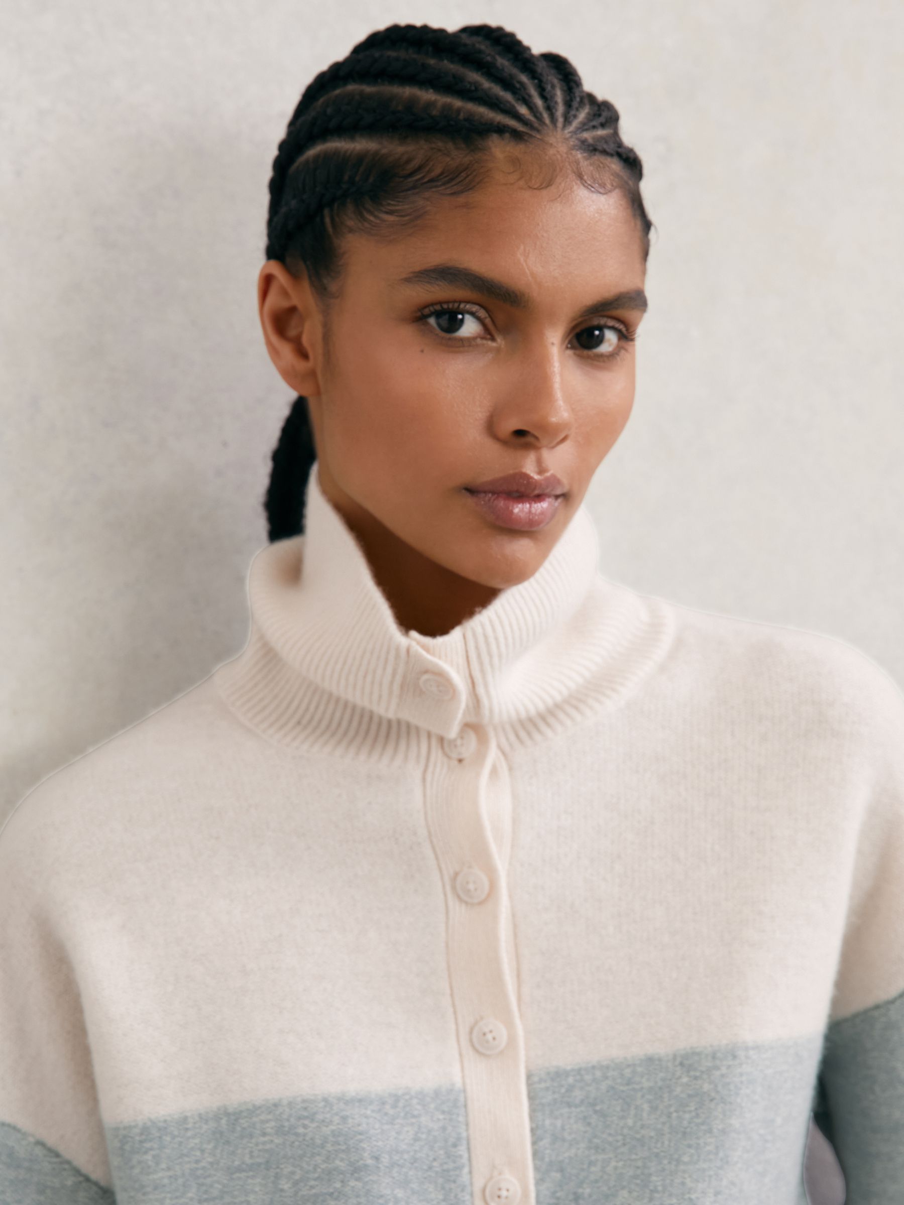 Wool-Cashmere Stripe Buttoned Jumper in Cream/Blue - Image 4 of 7