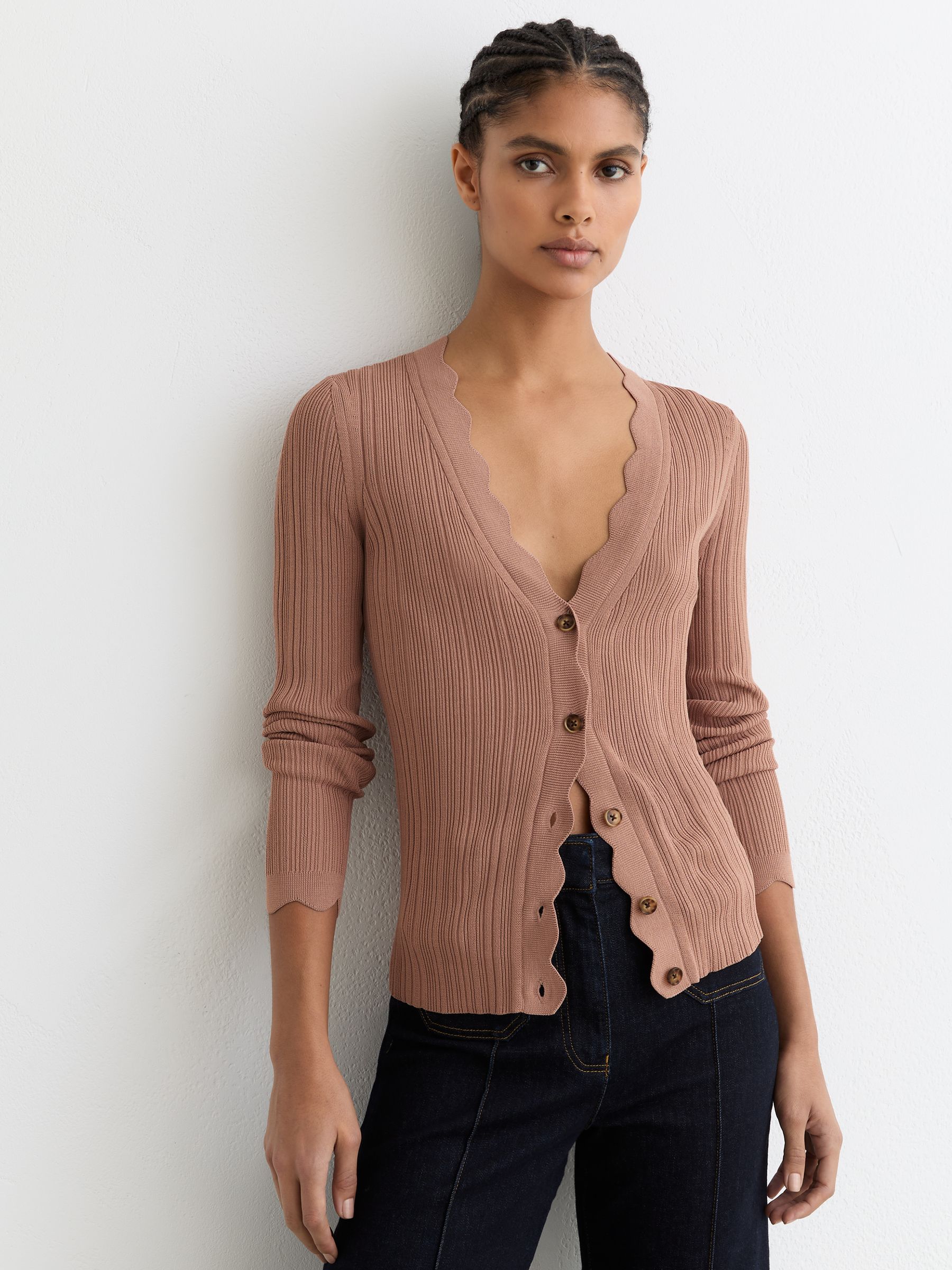 Rib-Knit Scallop-Trim Cardigan in Pink - Image 1 of 6 Rib-Knit Scallop-Trim Cardigan in Pink - Image 1 of 6