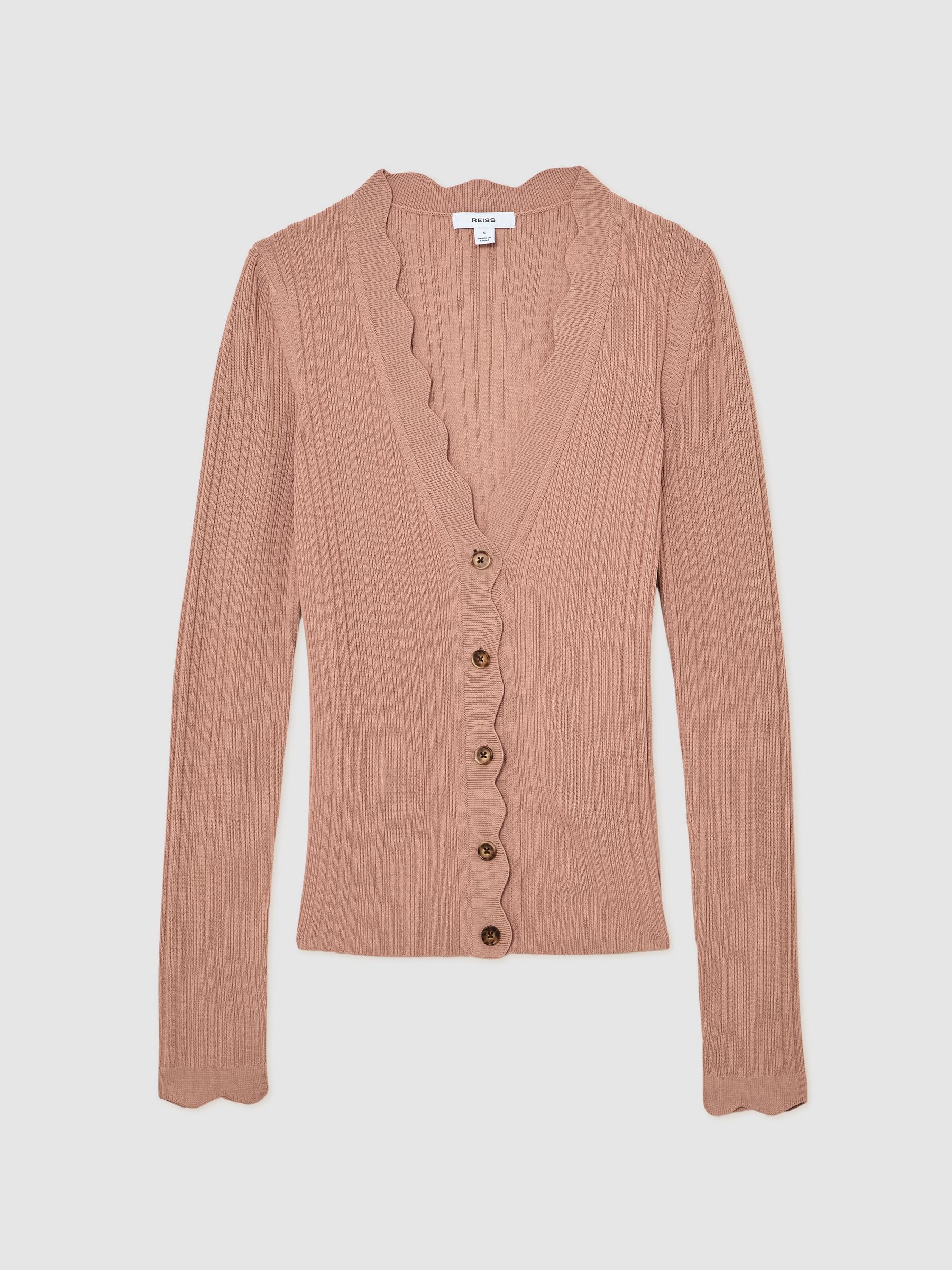 Rib-Knit Scallop-Trim Cardigan in Pink - Image 2 of 6 Rib-Knit Scallop-Trim Cardigan in Pink - Image 2 of 6
