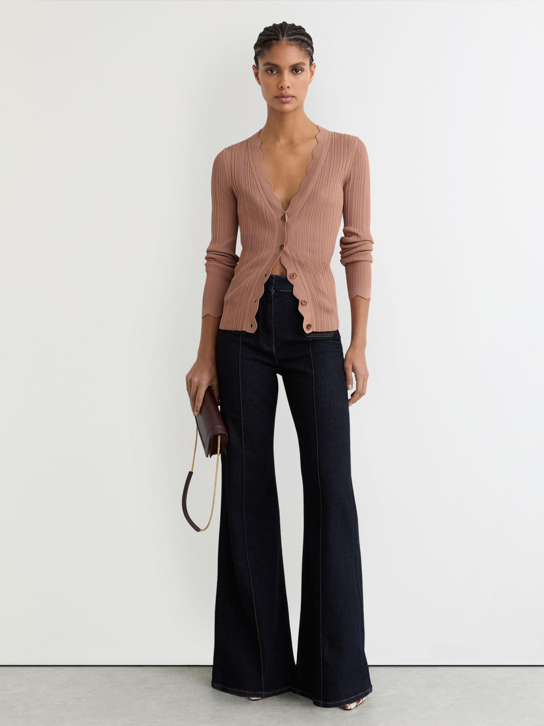 Rib-Knit Scallop-Trim Cardigan in Pink - Image 3 of 6