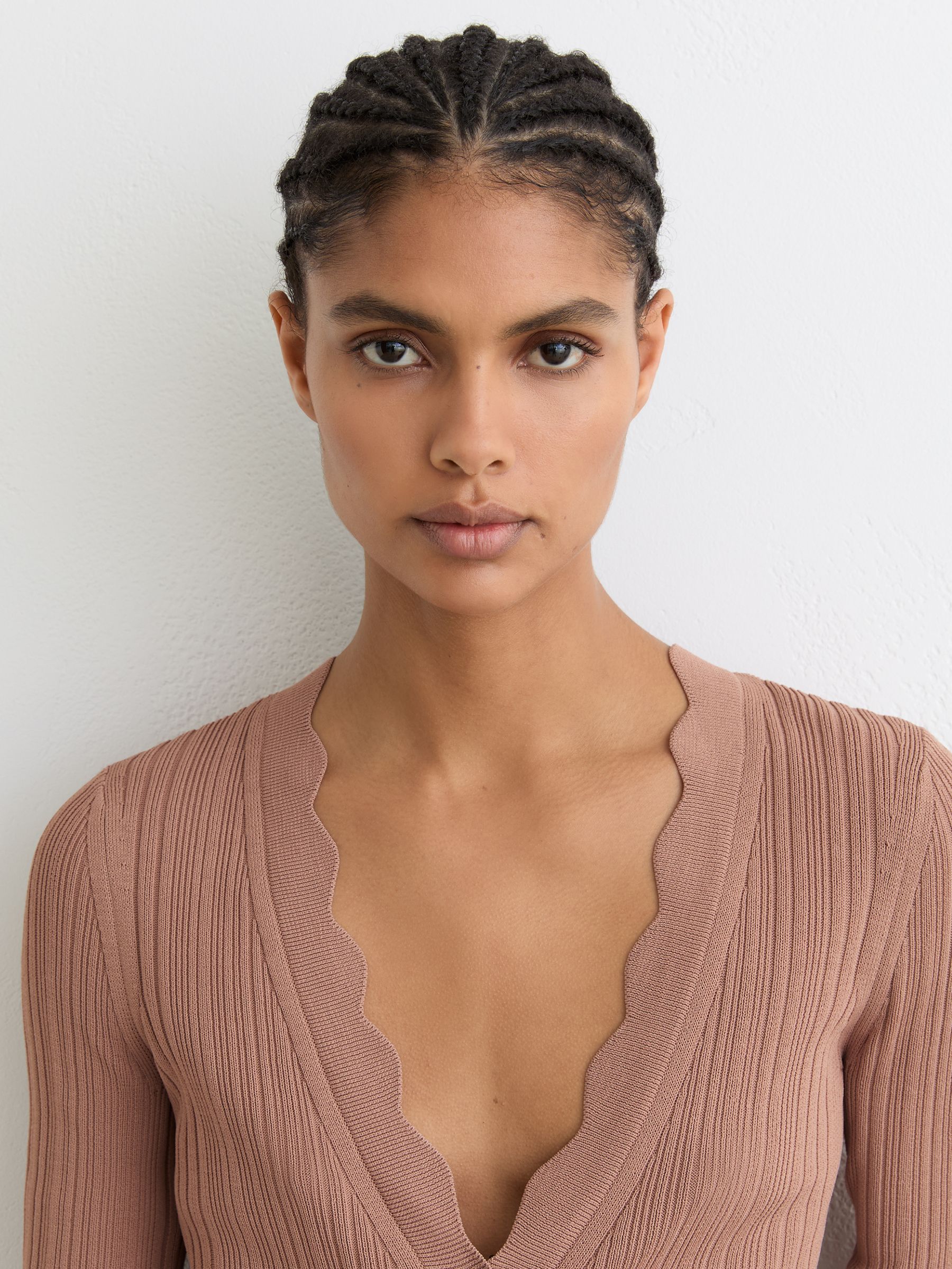 Rib-Knit Scallop-Trim Cardigan in Pink - Image 4 of 6