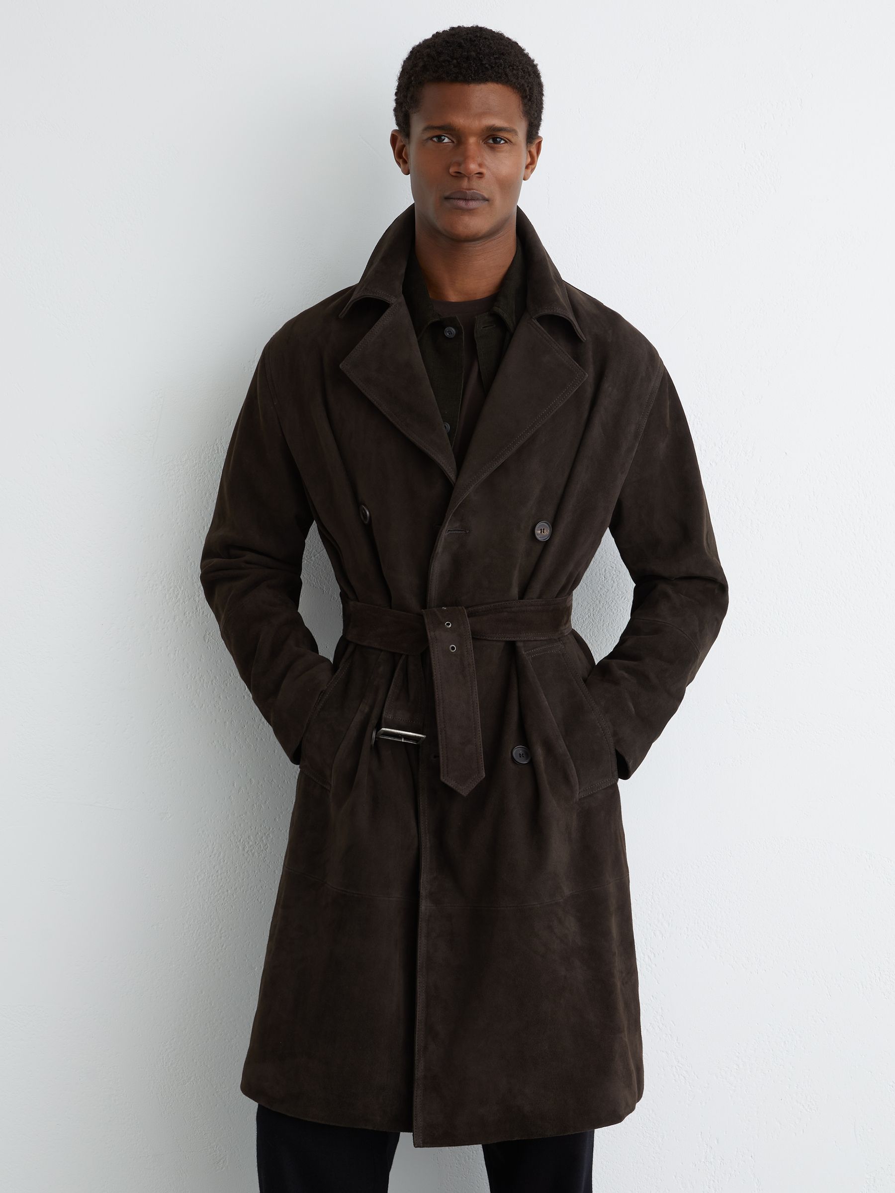 Suede Double-Breasted Trench Coat in Chocolate Brown - Image 1 of 8