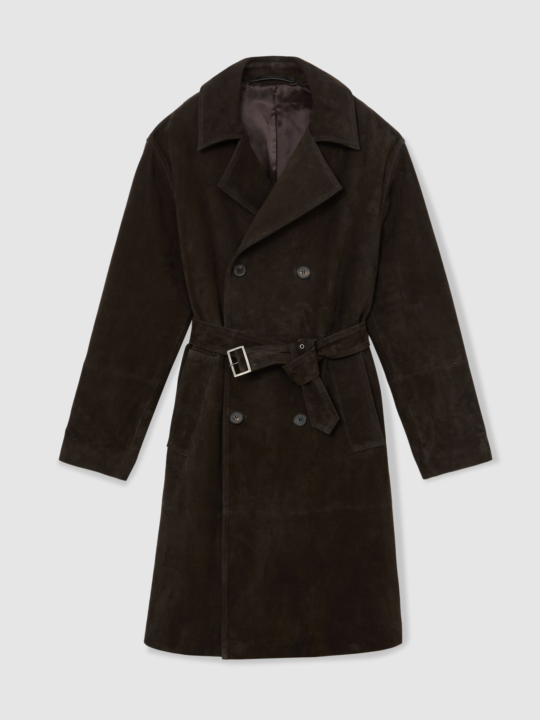 Suede Double-Breasted Trench Coat in Chocolate Brown - Image 2 of 8