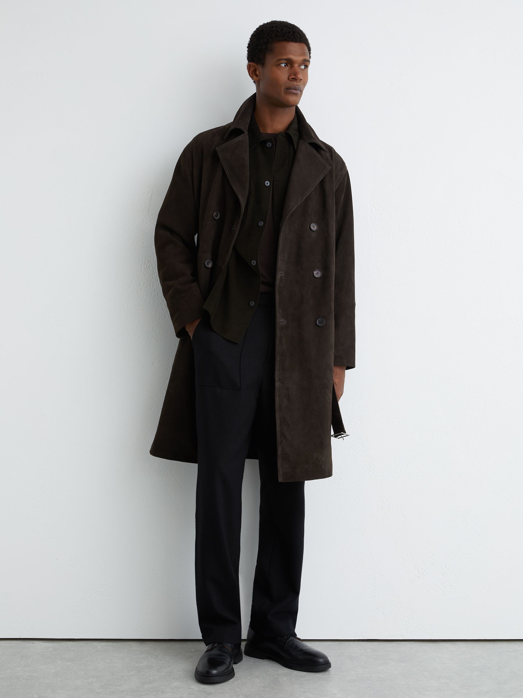 Suede Double-Breasted Trench Coat in Chocolate Brown - Image 3 of 8